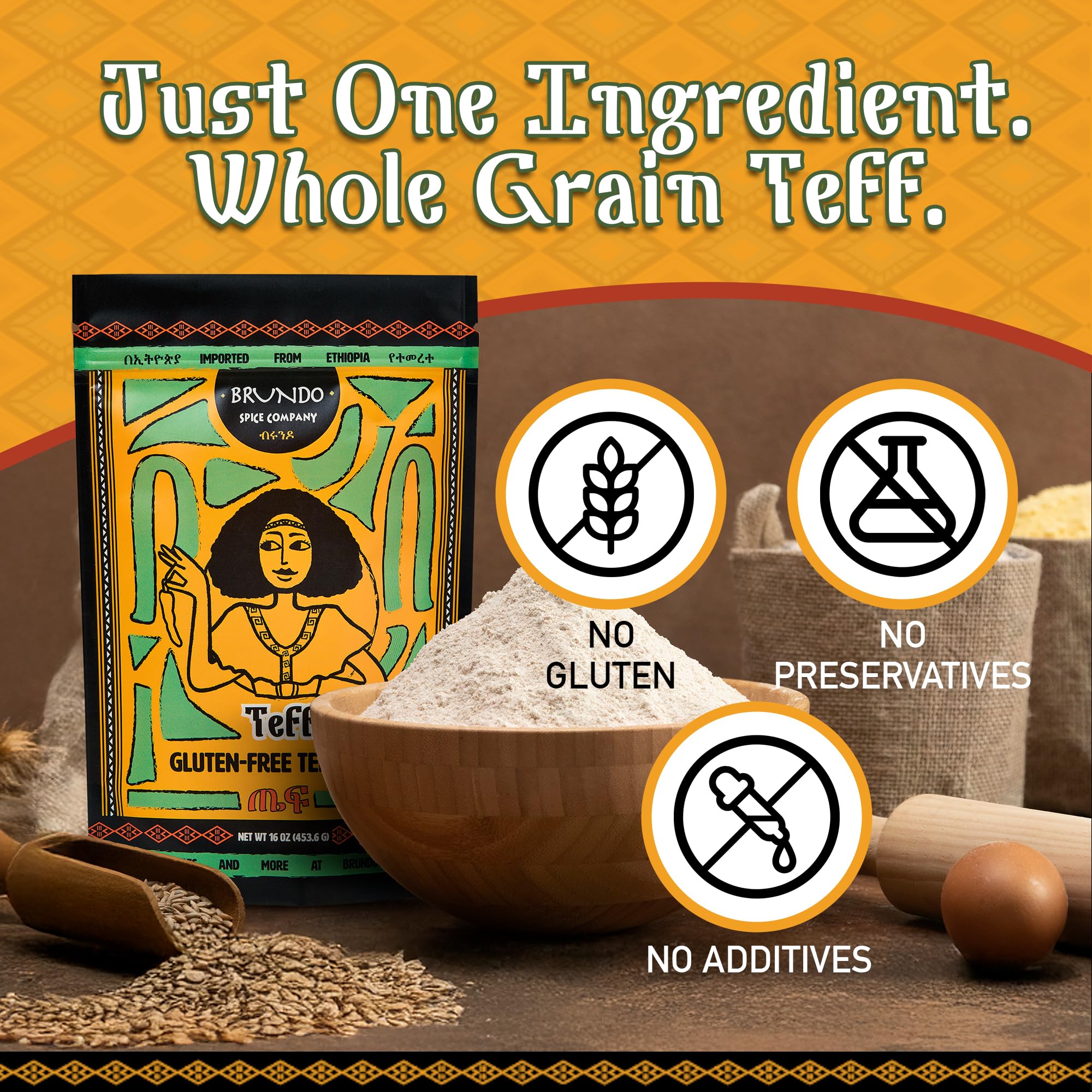 Brundo Ethiopian Spice Company | Gluten Free Teff Flour | Hand Picked & Processed Authentic Powdered Ethiopian Teff Grain | Harvested in and Imported
