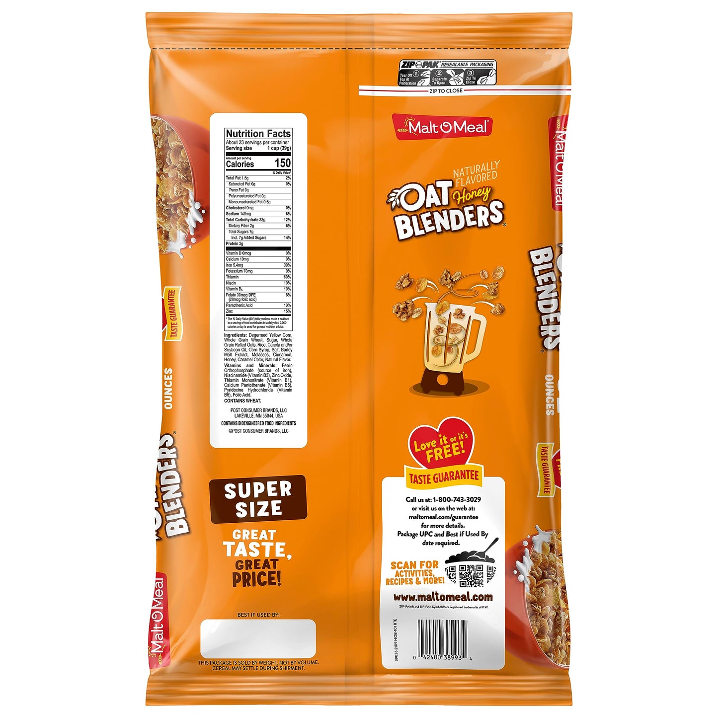Malt-O-Meal Honey and Oat Blenders Kids Breakfast Cereal, Family Size Bulk, 32 oz Bag