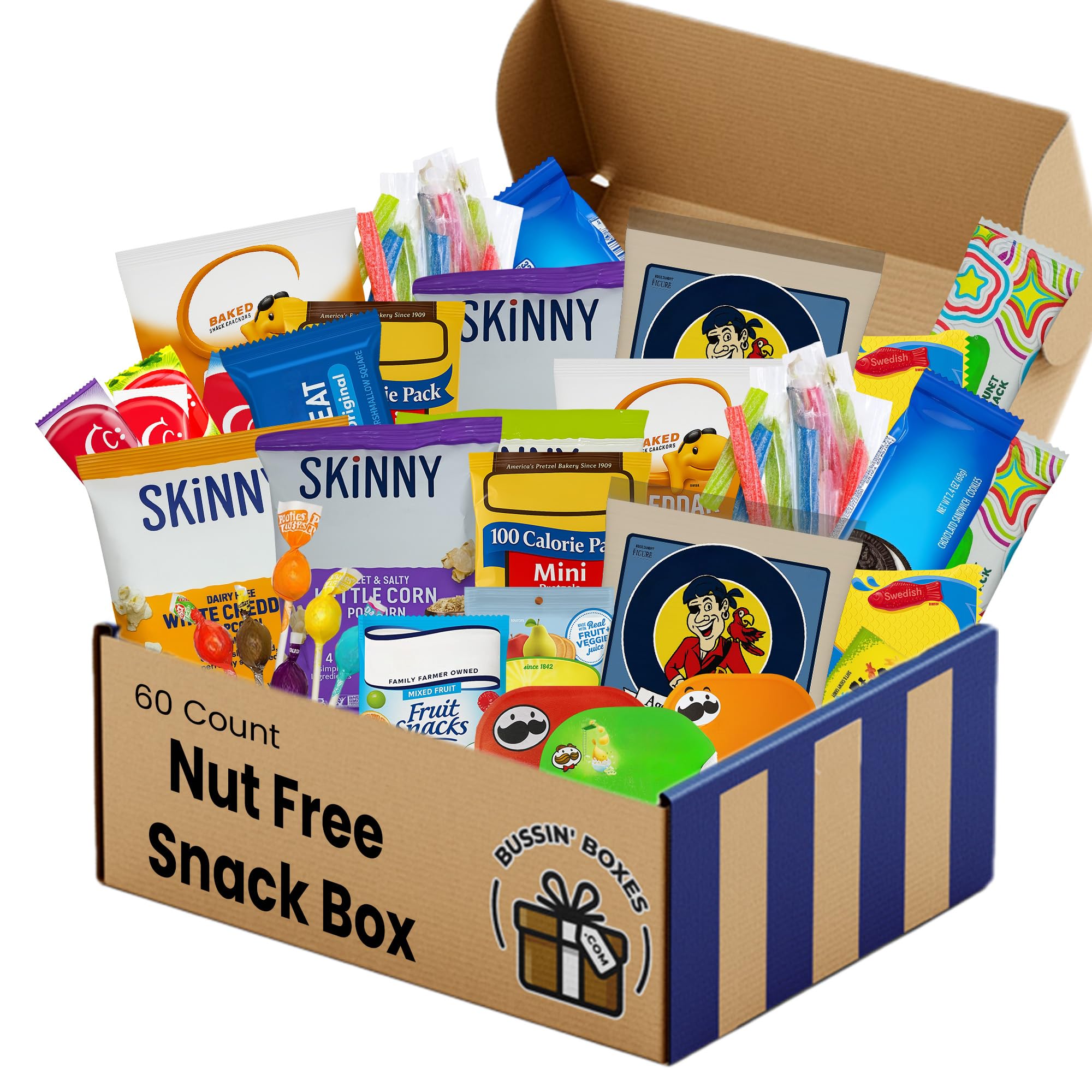 Peanut Free and Nut Free Snack Box - 60 Count Bulk Pack of Individually Wrapped Allergy-Friendly Snacks - Assembled by Bussin Boxes