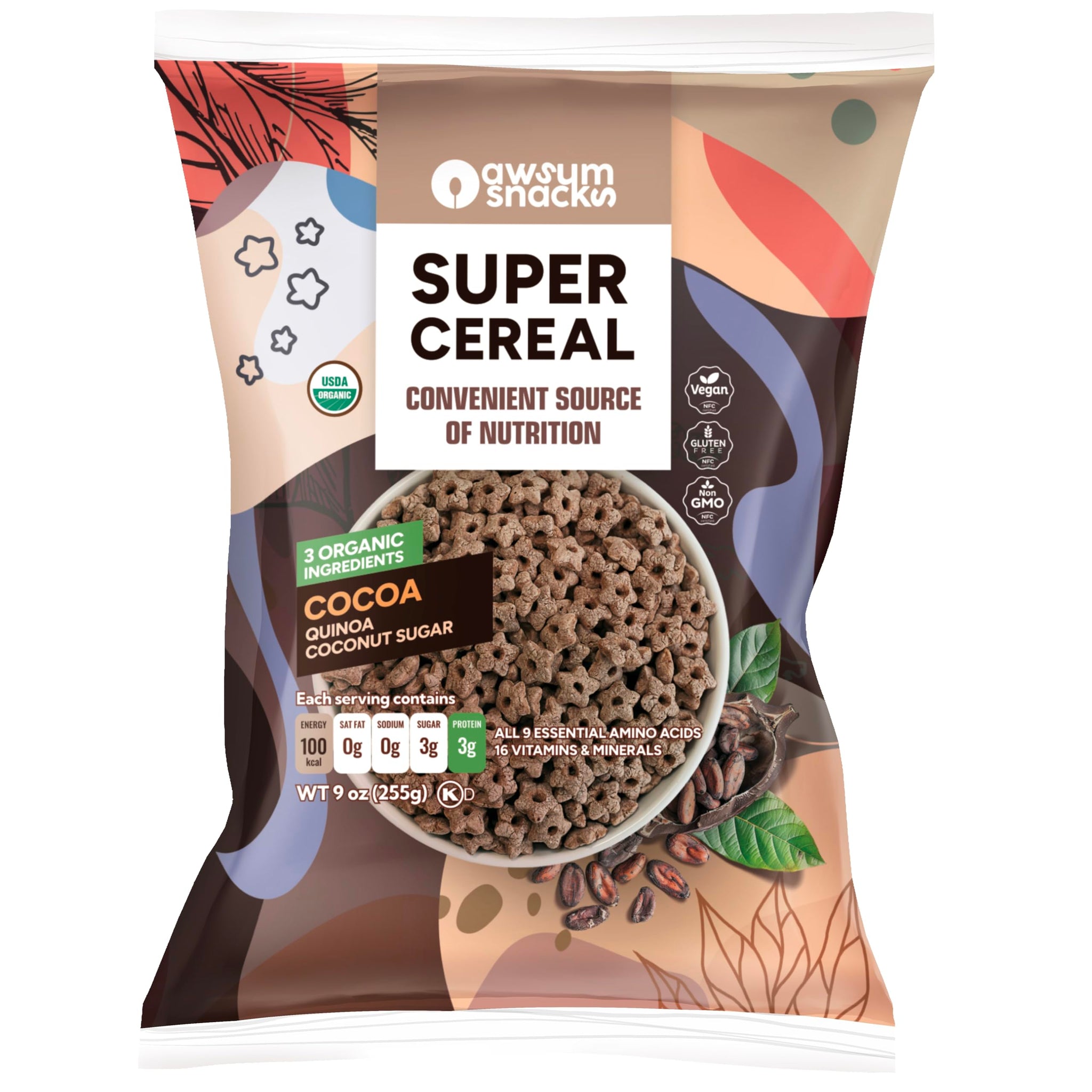 Awsum Snacks USDA Organic Quinoa SUPERCEREAL 5oz bag - Vegan Gluten Free & No Refined Sugar - Grain Free Kosher Healthy Cereal - Healthy Snacks Puffed