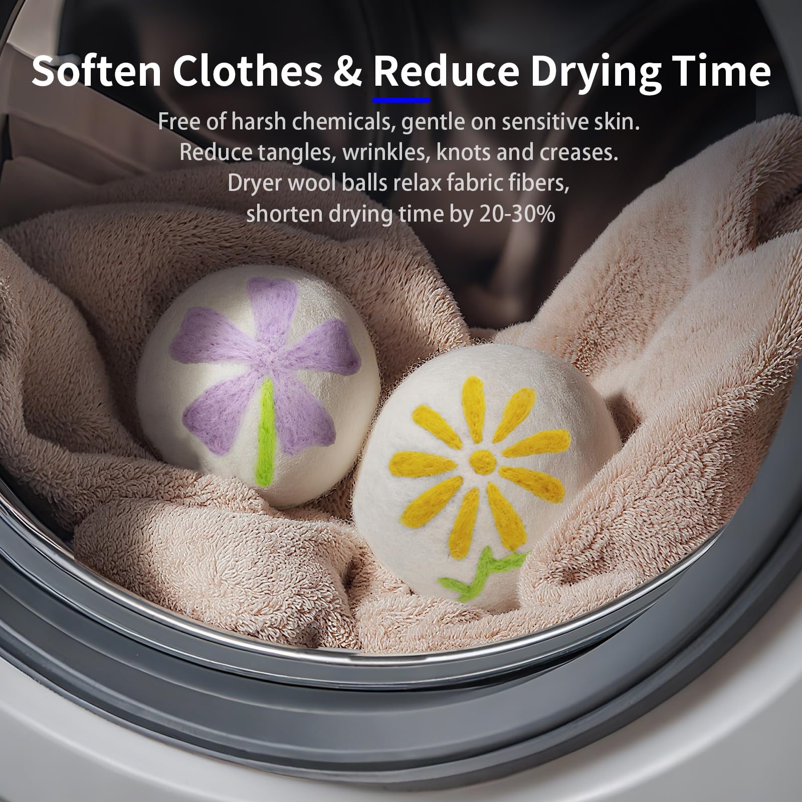 Wool Dryer Balls 6-Pack XL - Unique Petal Embroidery, Natural Reusable Laundry Fabric Softener, Reduces Wrinkles & Drying Time, Hypoallergenic