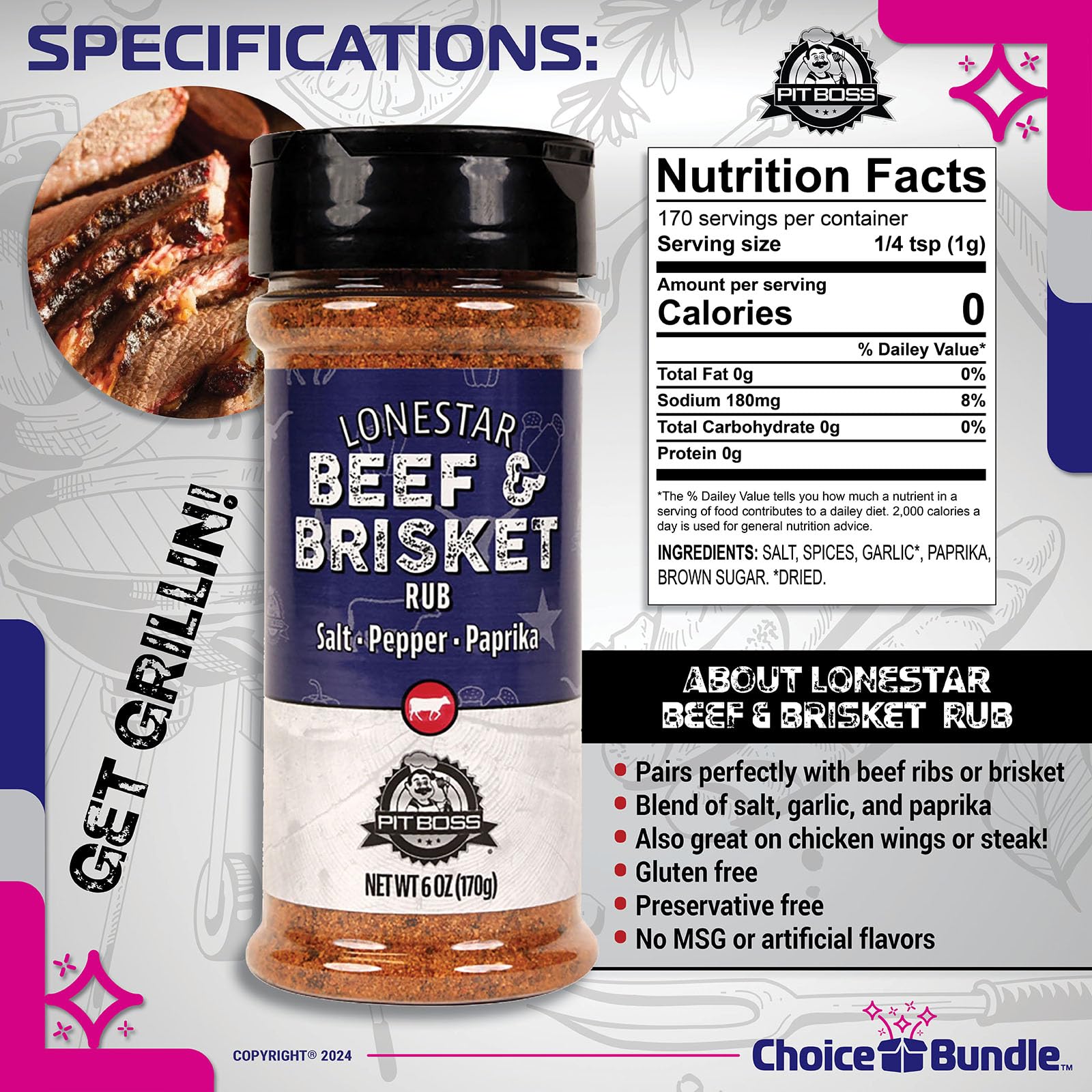 Pit Boss Lonestar Beef & Brisket - Texas Style Premium BBQ Barbecue Mixed Seasoning Spice & Rub 2 pk Choice Bundle (12 oz) + Guide & Bottle Opener (4