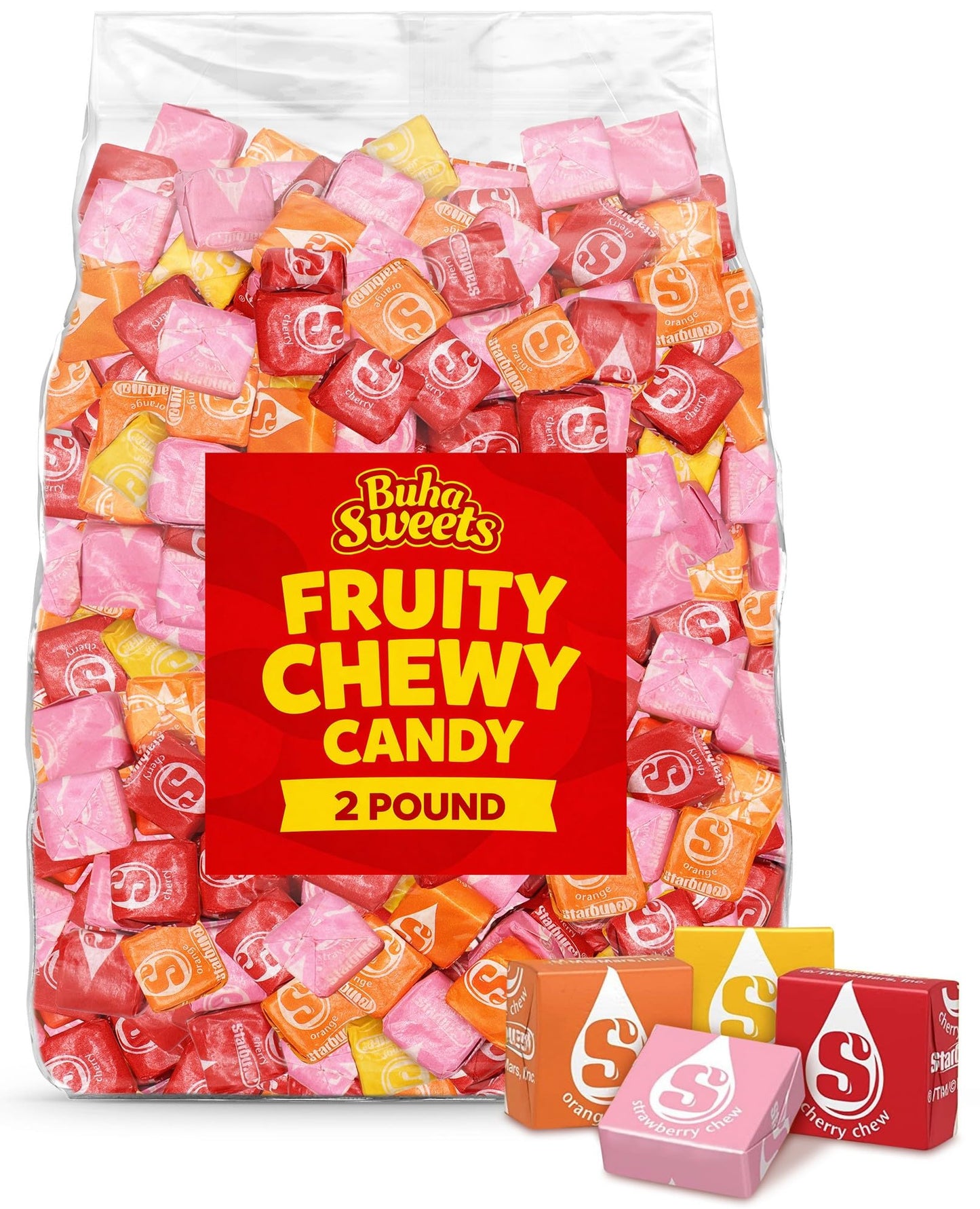 Bulk Fruit Chews Starbrst Candy 2 Pound - Individually Wrapped Assorted Soft & Chewy Taffy Fruity Candy For Party Favors & Pinatas & Treats - Approx