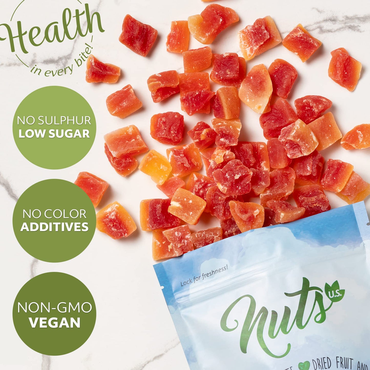 NUTS U.S. - Unsulphured Dried Papaya Chunks | Low Sugar | No Color Added | NON-GMO and Gluten Free | Vegan Snacks | Packed in a Resealable Bag!!! (1