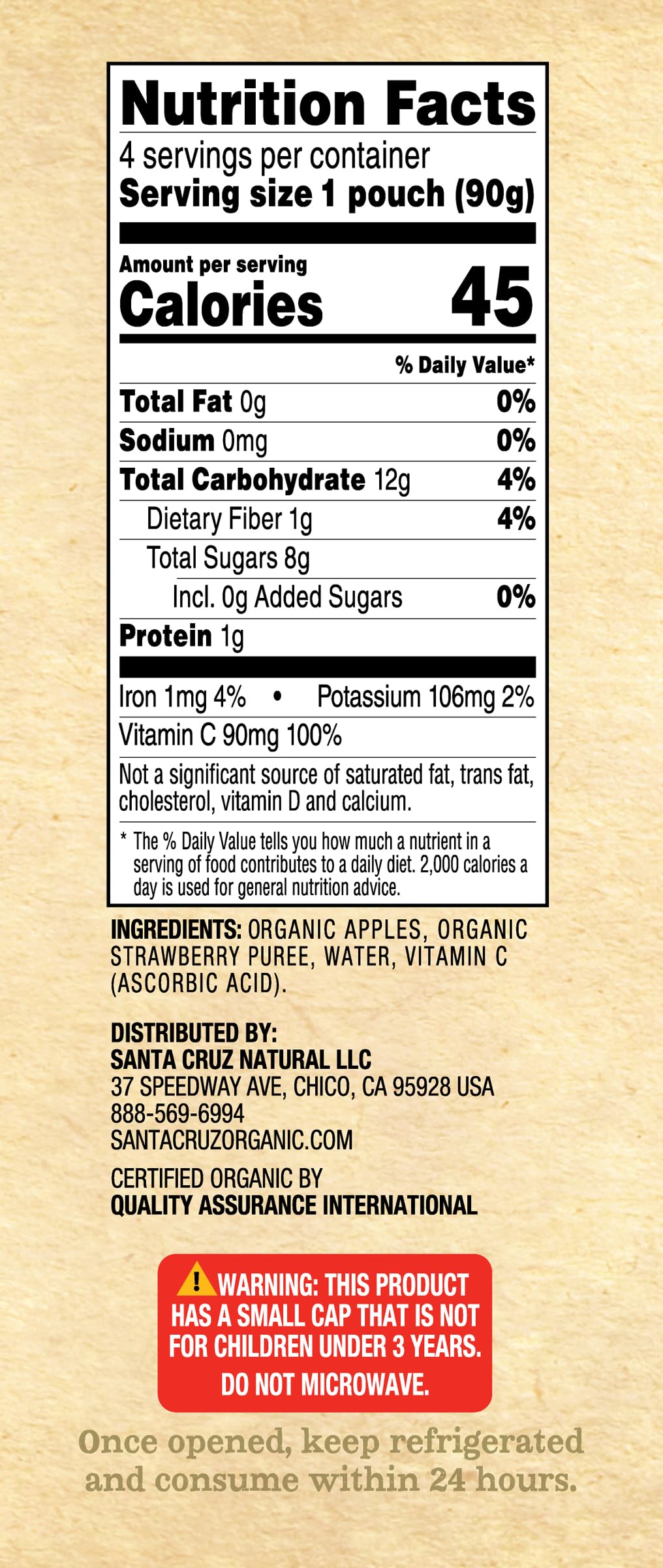 Santa Cruz ORGANIC Strawberry Applesauce, 3.2 Oz (Pack of 4)