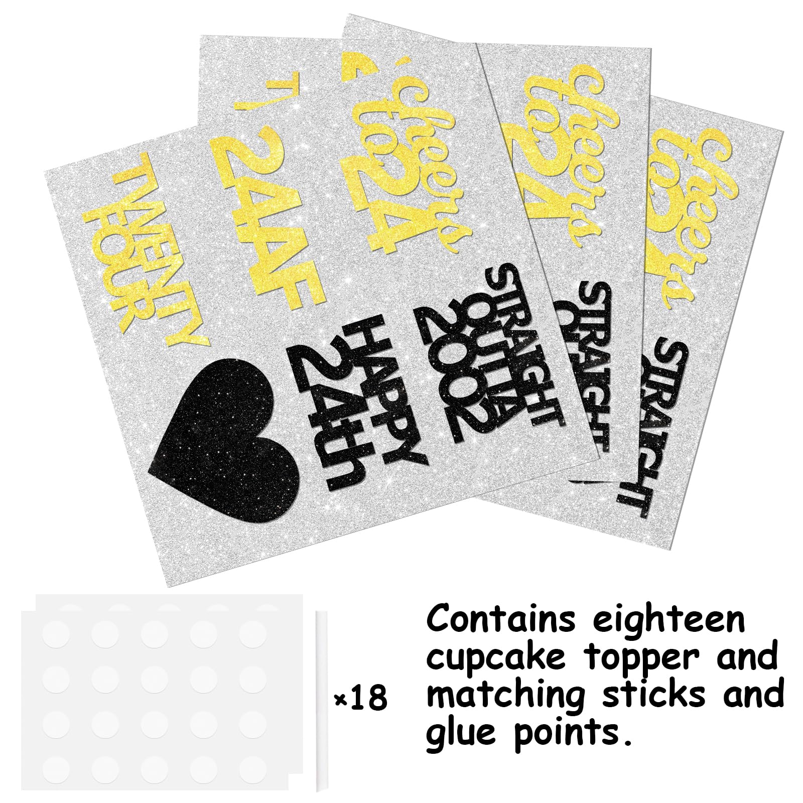 18pcs Black Gold Glitter Dessert Cupcake Pick for Straight Outta 2002 Cheer to 24 Years Old Theme Decor Supplies Happy 24th Birthday Party Decoration