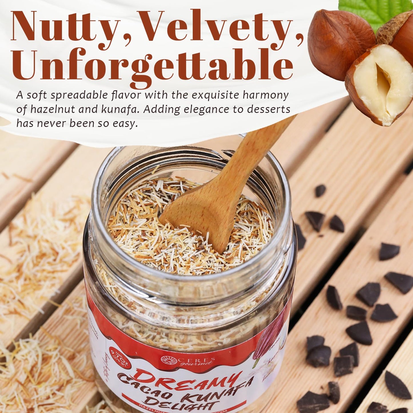 Ceres Gourmet Dubai Chocolate Crunchy Spread, 9.7 oz, Premium Spreadable Dubai Chocolate with Hazelnut and Crispy Kataifi, Rich Nutty Gourmet