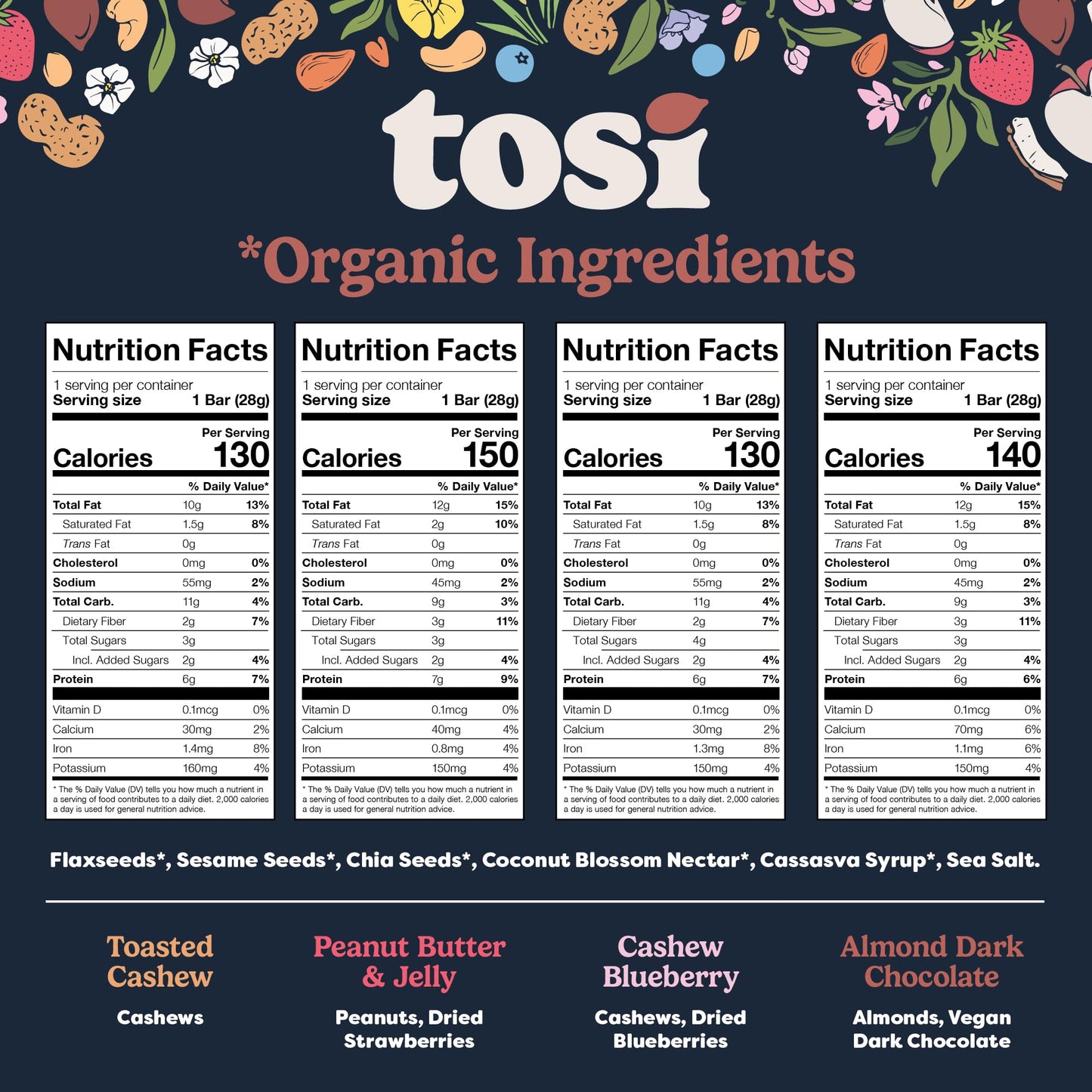 Tosi Variety Pack Protein Bars, Plant Based with Nuts, Gluten-Free Crunchy Snacks, Vegan, Organic, Flax & Chia Seeds, Soy-Free, Omega 3s, 5G-20G