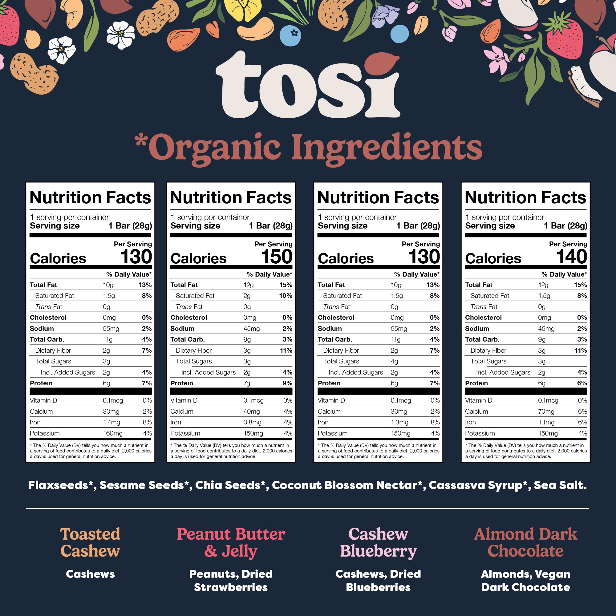 Tosi Variety Pack Protein Bars, Plant Based with Nuts, Gluten-Free Crunchy Snacks, Vegan, Organic, Flax & Chia Seeds, Soy-Free, Omega 3s, 5G-20G