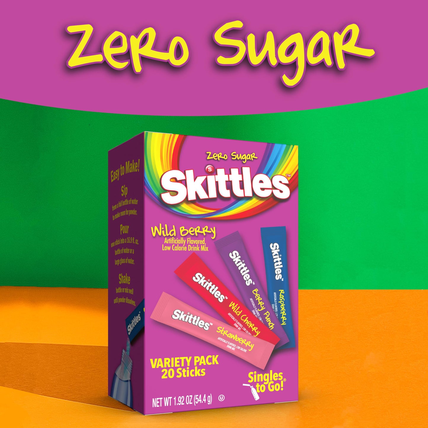 Skittles Singles To Go Variety Pack, Watertok Powdered Drink Mix, Zero Sugar, Low Calorie, Includes 4 Flavors, 1 Box (20 Single Servings) (Wild Berry)