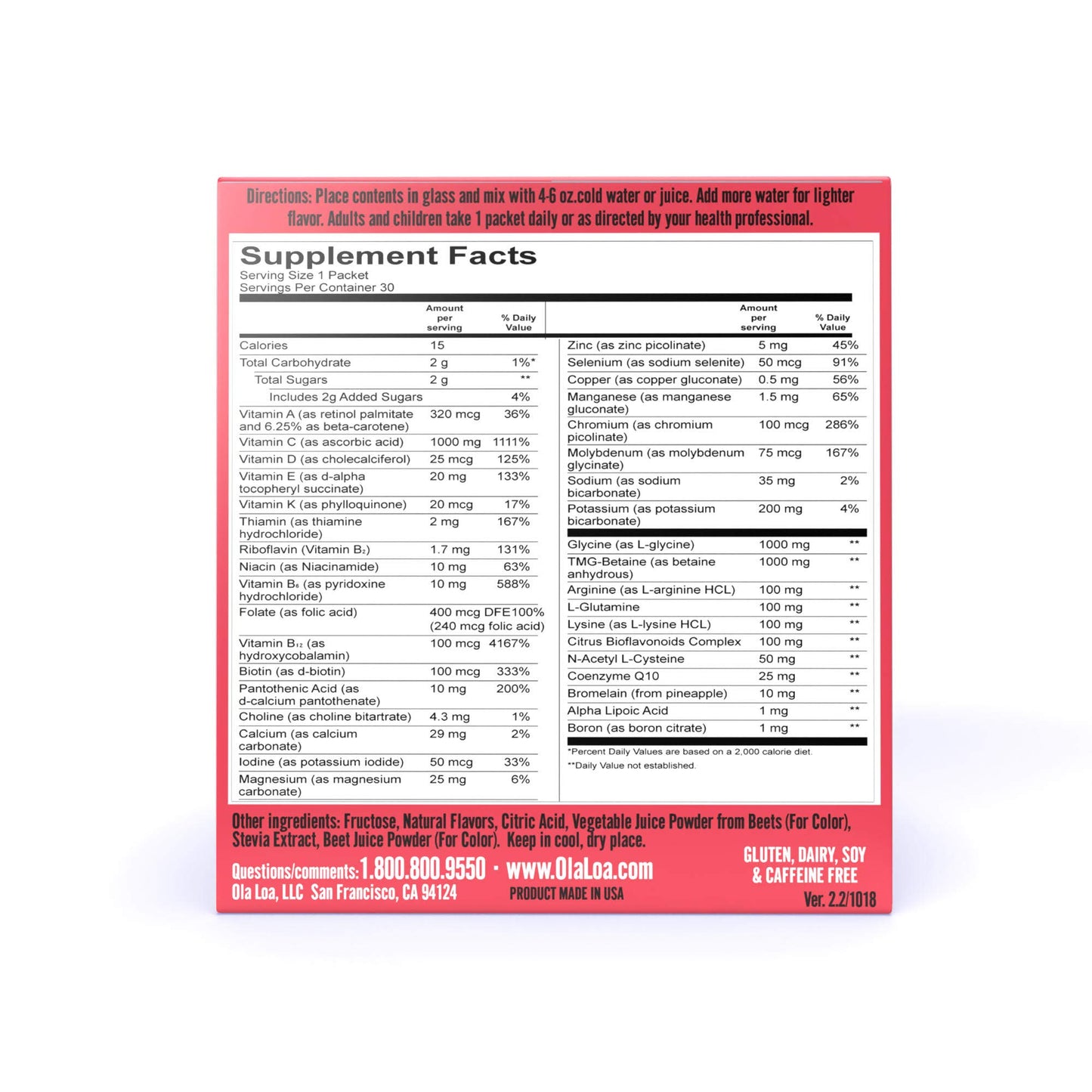 Ola Loa Energy Cran-Raspberry Multi Vitamin Drink Mix - Amino Energy Powder, Gluten Free, Detox, Dairy Free, Caffeine Free - Drink Your Vitamins