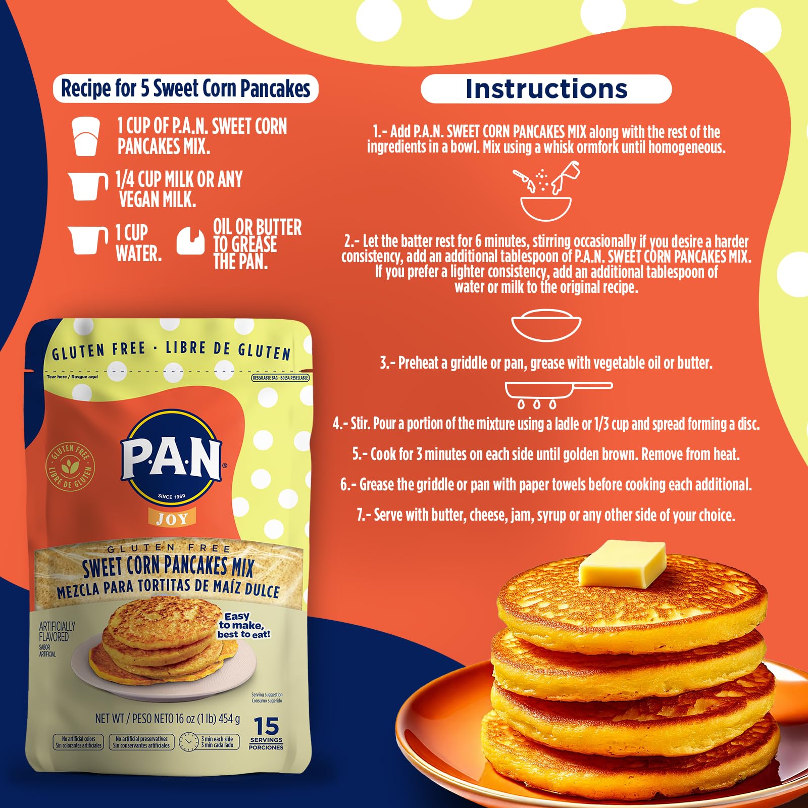 P.A.N Sweet Corn Pancakes Mix - Gluten Free Easy to Prepare 1 lb (Pack of 1)