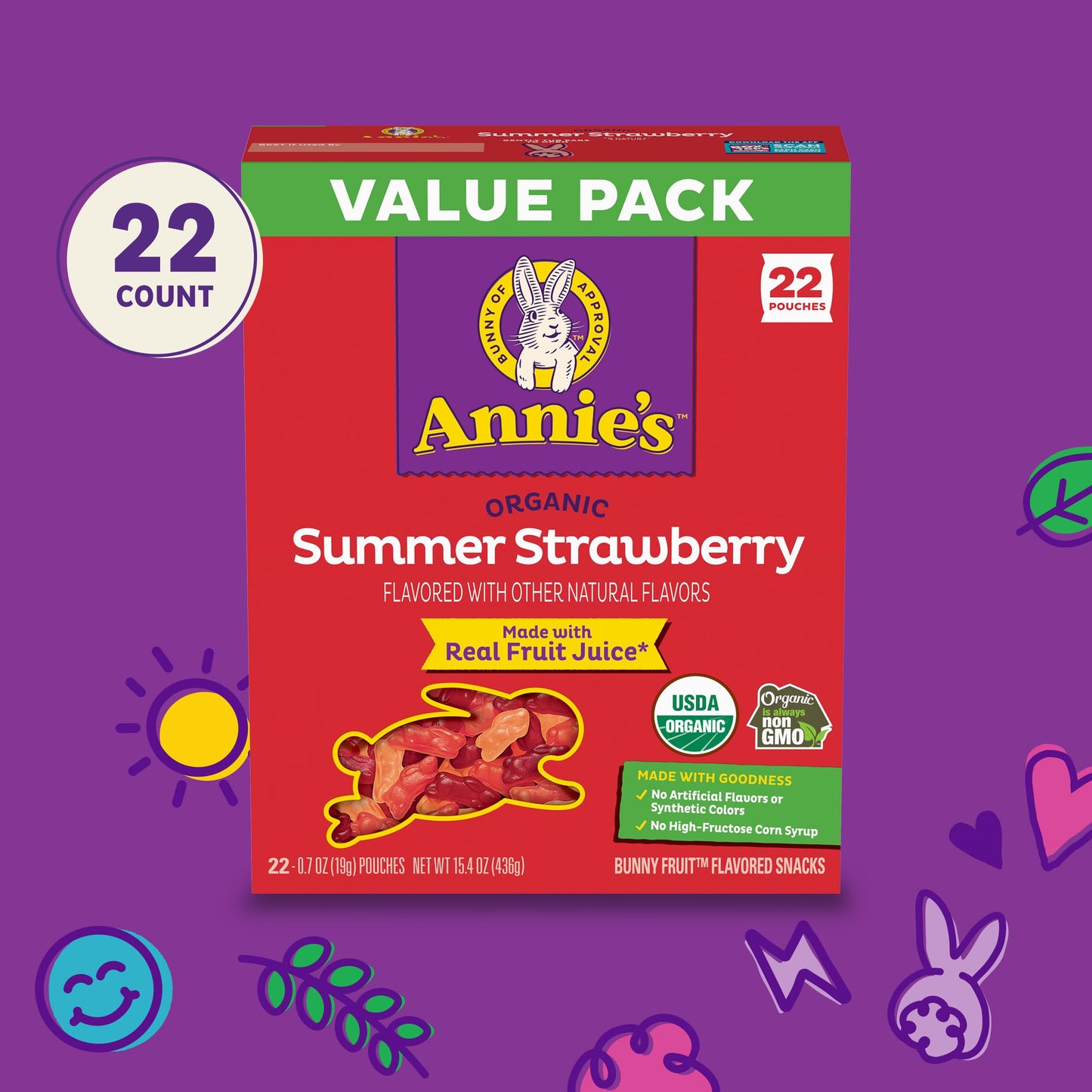 Annie's Organic Bunny Fruit Flavored Snacks, Summer Strawberry, Gluten Free, Value Pack, 22 Pouches, 15.4 oz