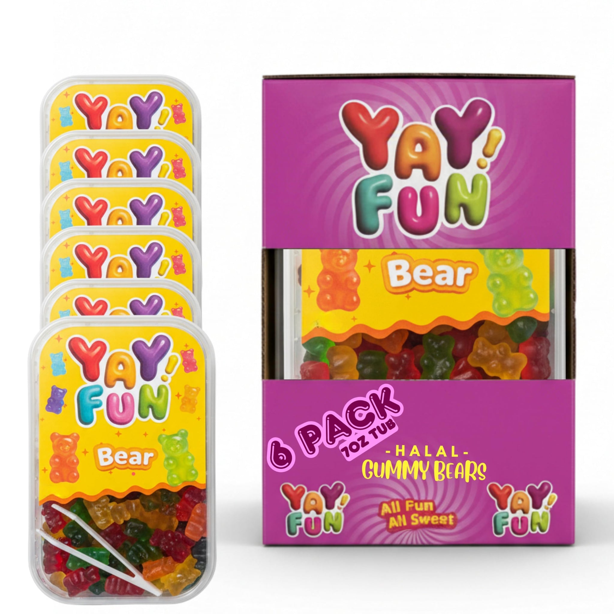 Halal Gummy Bears | 6 Pack Bundle (7 oz Tubs) | Colorful Fruit-Flavored Gummy Bears | Resealable Tubs in Bulk with Display Box | Halal Bulk Gummy