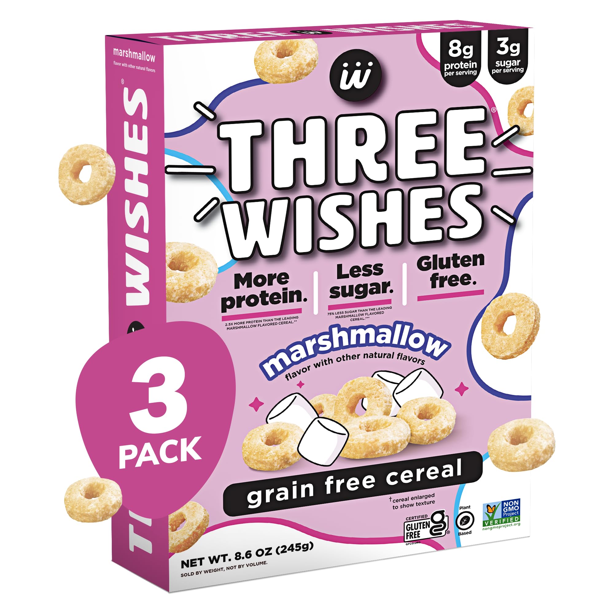 Three Wishes Grain-Free & Protein Cereal - Healthy, Low Sugar & Gluten-Free Breakfast Cereal - Low Carb, Plant-Based, Vegan & Non-GMO - Marshmallow