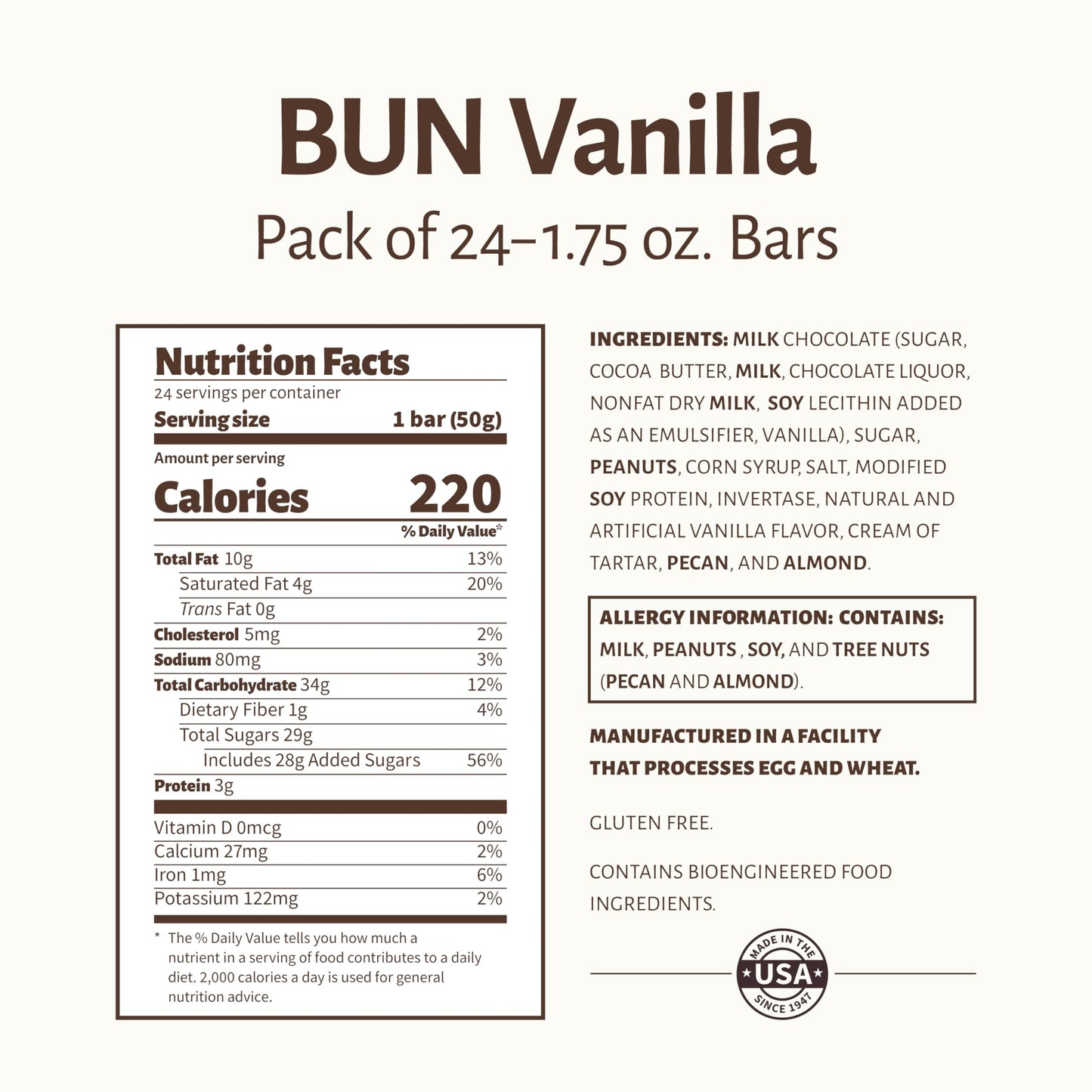 Pearson's Vanilla BUN Cluster Bar | Roasted Peanuts, Real Milk Chocolate, and Vanilla Nougat | Pack of 24 | Individually Wrapped