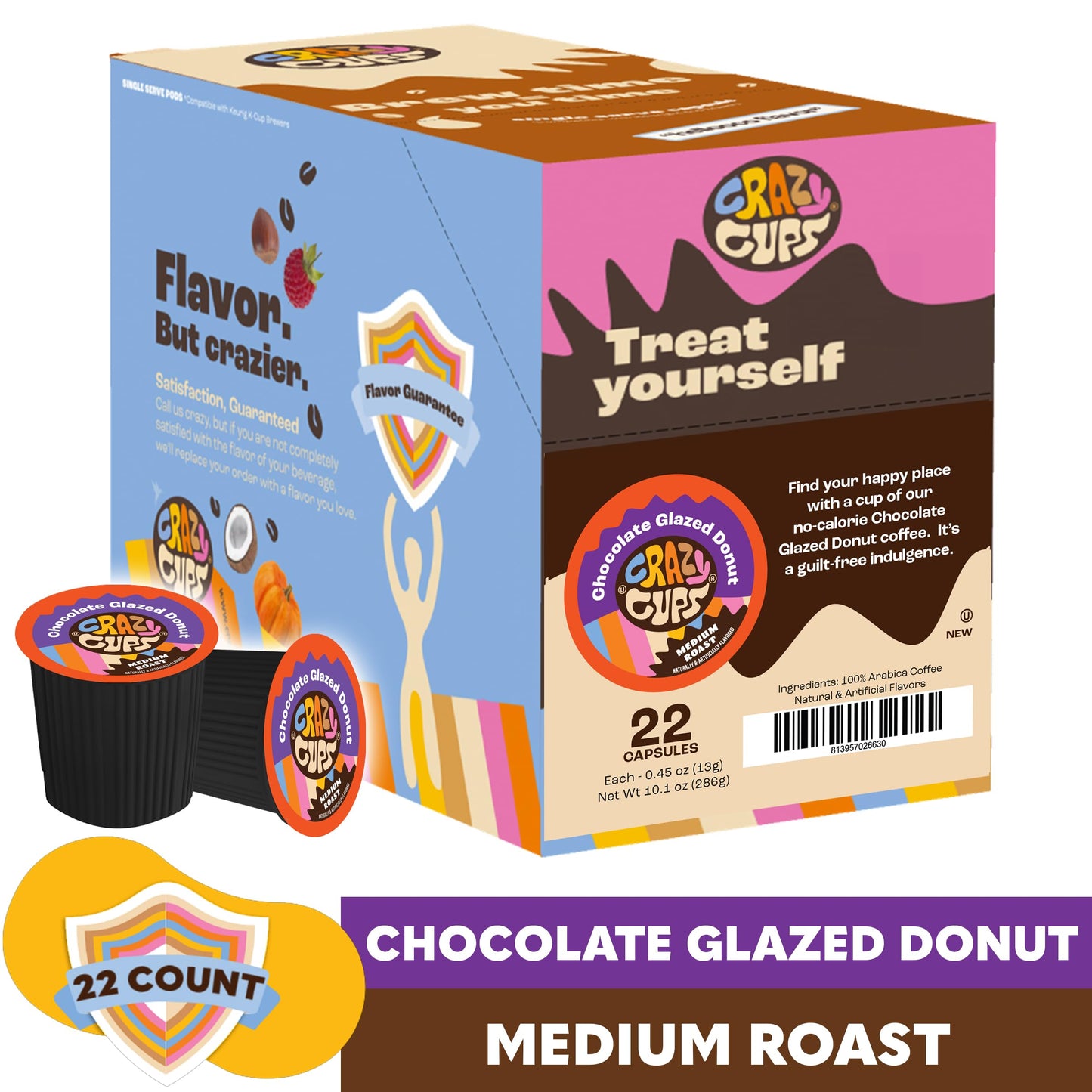 Crazy Cups Flavored Coffee Pods, Chocolate Glazed Donut, Flavored SIngle Serve Coffee Capsules for all Keurig K Cups Coffee Makers, 22 Count (Pack