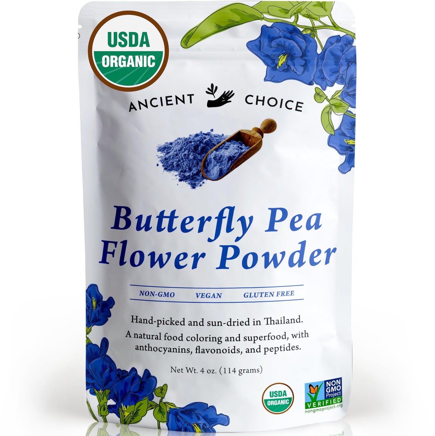 Ancient Choice - Butterfly Pea Flower Powder (4 Ounce) | Blue Matcha Tea | Ceremonial (Highest) Grade | Adaptogenic Raw Culinary | Natural Food