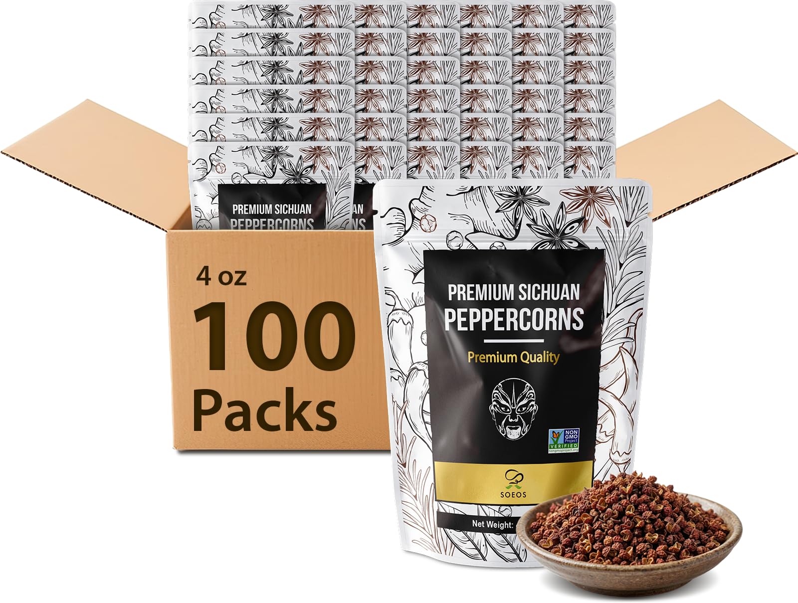Soeos Premium Szechuan Peppercorns,Pack of 100 (113g*100), Authentic Sichuan Red Peppercorn, Numbing and Tingle Effect, Less Seeds, Strong Flavor