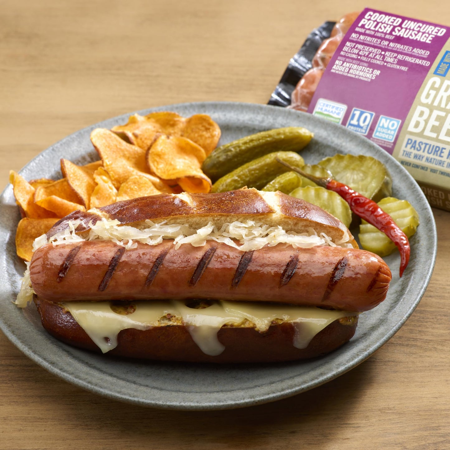 Teton Waters Ranch 100% Grass-Fed Beef Polish Sausage Links, Cooked Uncured Smoked Sausage, No Sugar Added, Certified Humane - 12oz
