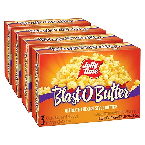 Jolly Time Blast O Butter, Ultimate Movie Theater Butter Microwave Popcorn, 3.2oz Sharing Bag, 3 Bags Per Carton (Blast O Butter, 3.2 Ounce (Pack