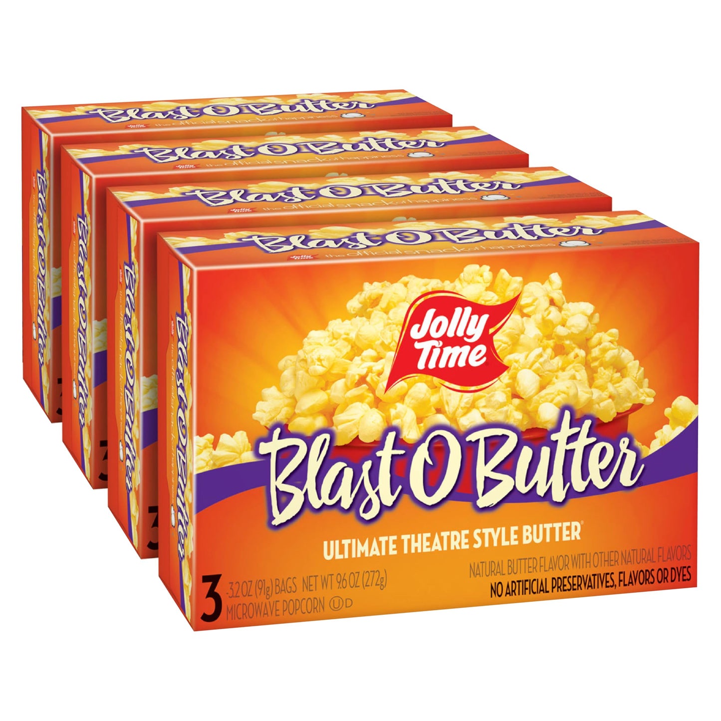 Jolly Time Blast O Butter, Ultimate Movie Theater Butter Microwave Popcorn, 3.2oz Sharing Bag, 3 Bags Per Carton (Blast O Butter, 3.2 Ounce (Pack