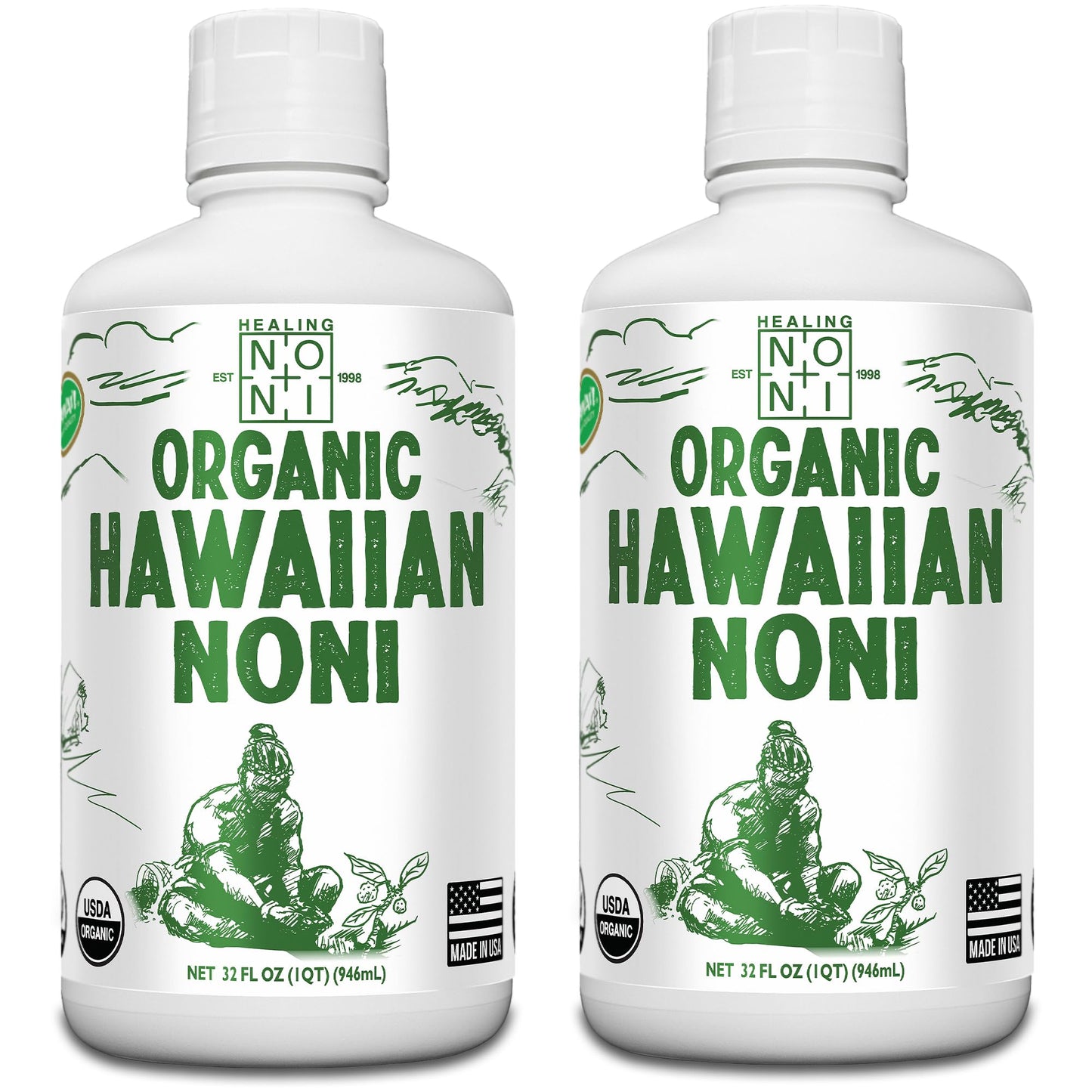 Healing Noni - 2-Pack Plastic Bottle 32oz - 100% Pure Hawaiian Organic Noni Juice - USDA Certified Organic
