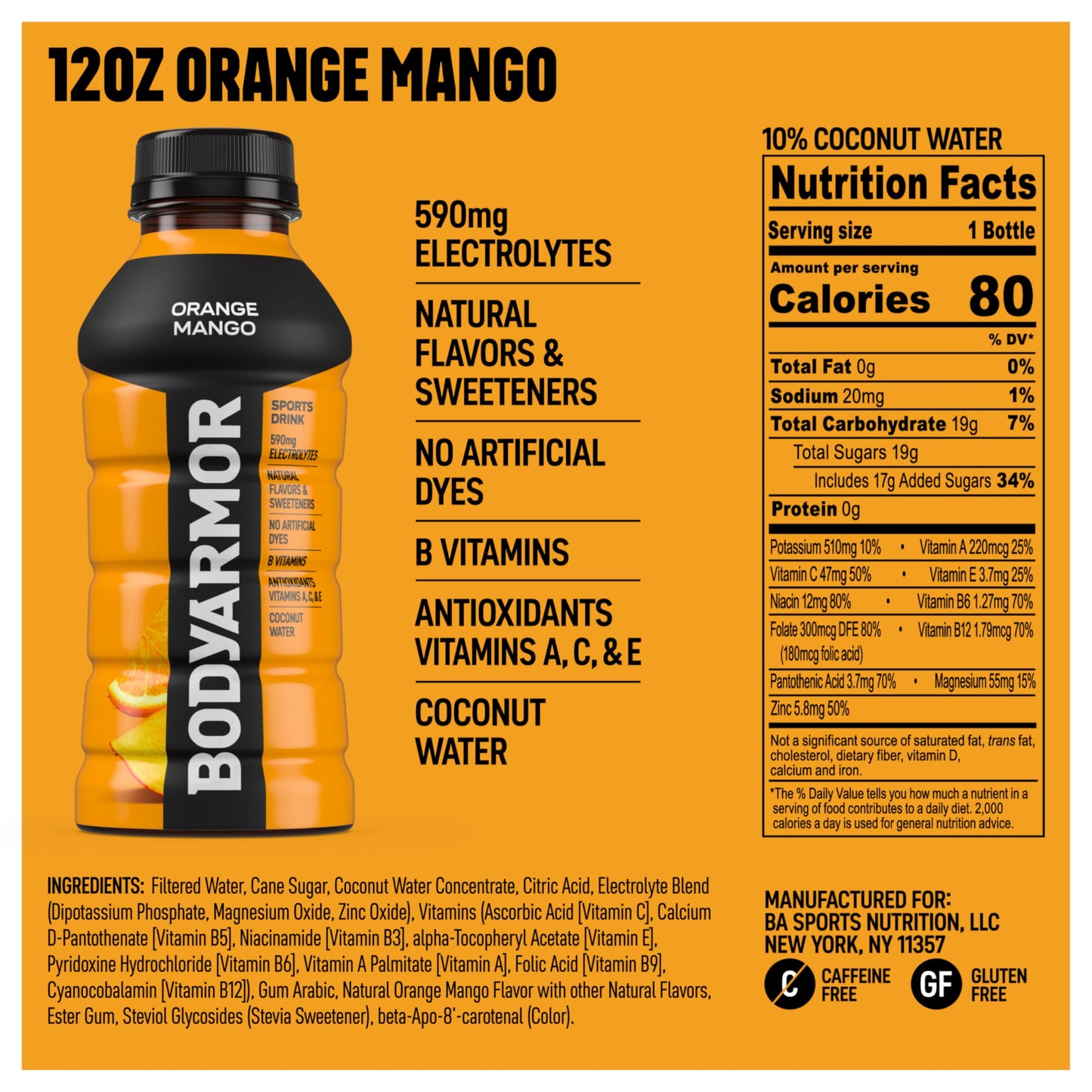 BODYARMOR Sports Drink, Orange Mango, Electrolyte Drink Hydration, 12 Fl Oz Bottles (8 Pack), Flavored Coconut Water with B Vitamins & Antioxidants