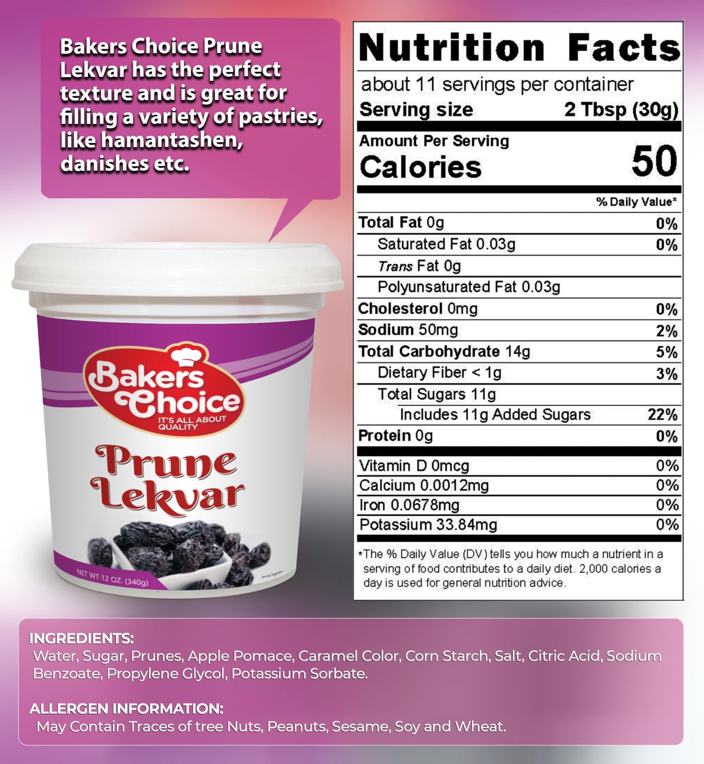 Prune Butter Lekvar Pastry Filling, 12 oz. - Creamy Spread and Topping for Cakes and Desserts - Kosher, Dairy-Free, and Vegan by Baker's Choice