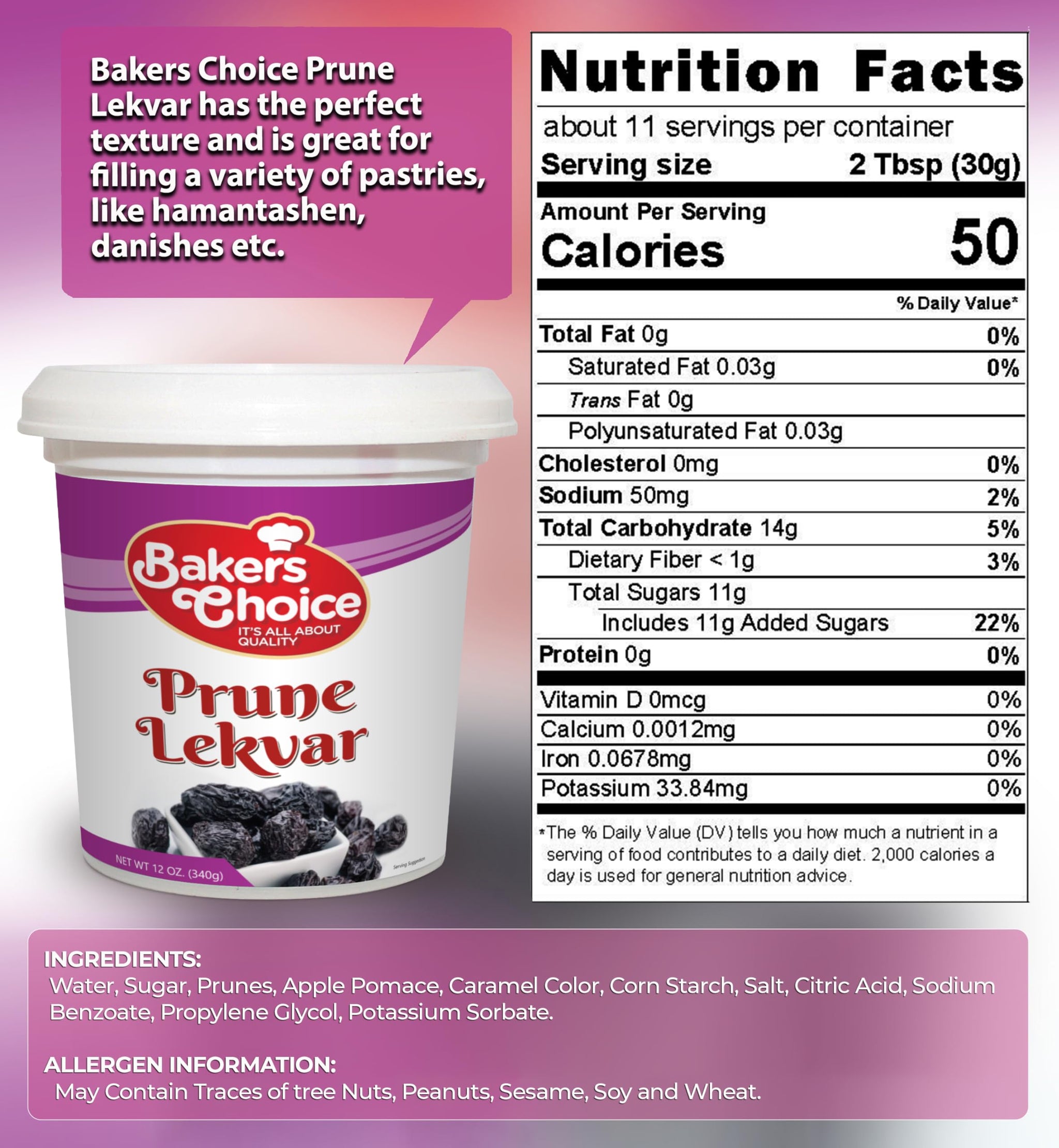 Prune Butter Lekvar Pastry Filling, 12 oz. - Creamy Spread and Topping for Cakes and Desserts - Kosher, Dairy-Free, and Vegan by Baker's Choice