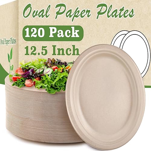 Bgtecho 120 Pack Oval Paper Plates, 12.5 Inch Disposable Dinner Plates, Disposable Heavy Duty Large Biodegradable Plate, Super Strong Compostable