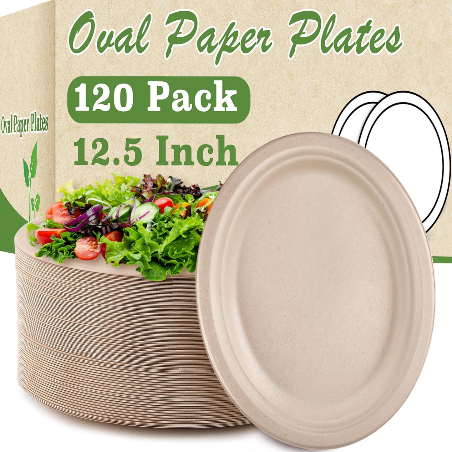 Bgtecho 120 Pack Oval Paper Plates, 12.5 Inch Disposable Dinner Plates, Disposable Heavy Duty Large Biodegradable Plate, Super Strong Compostable