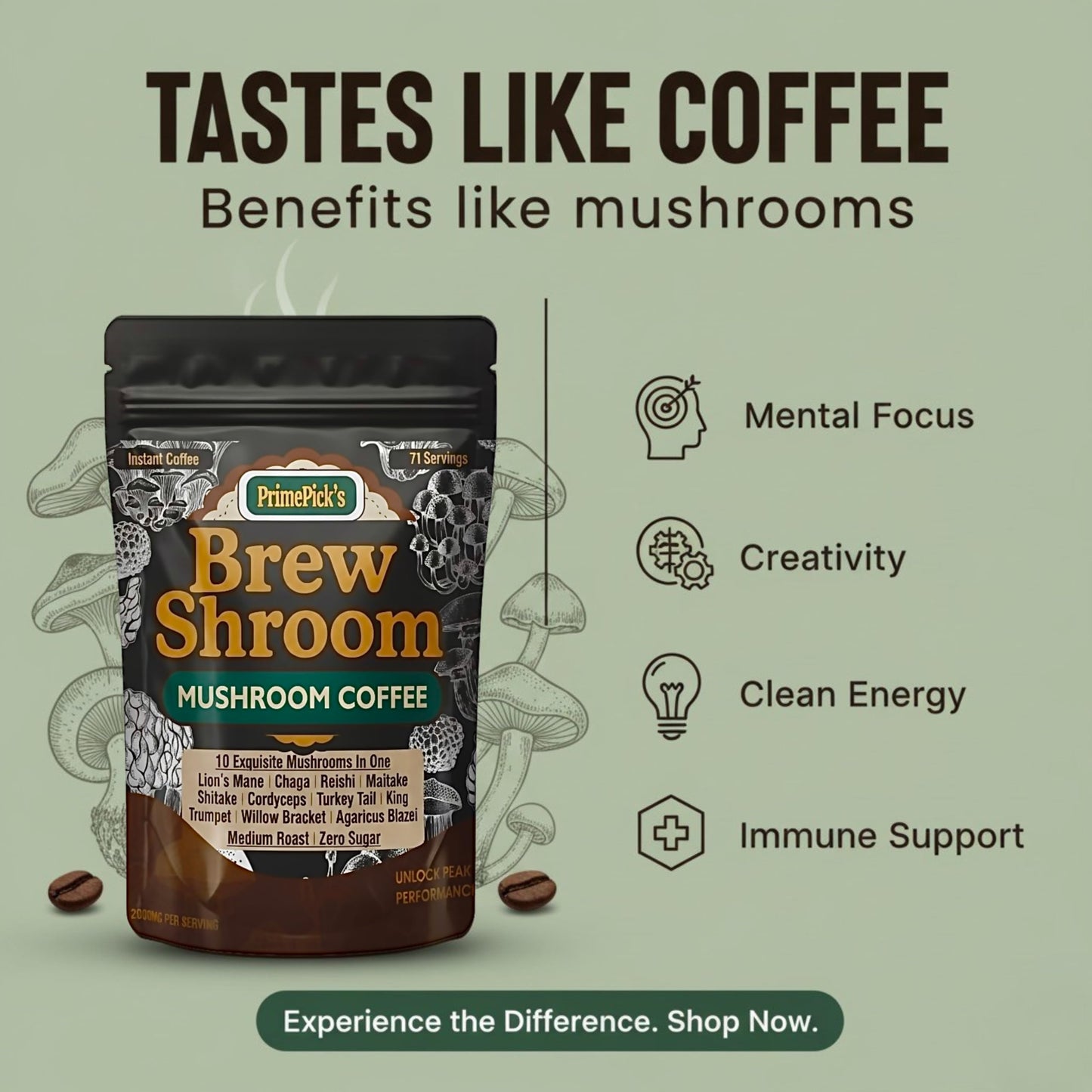 PrimePick's Brewshroom 10 in 1 Mushroom Coffee with 2000mg Adaptogenic Mushrooms, Instant, Arabica Medium Roast, Gluten-Free, Jitter-Free, No Added