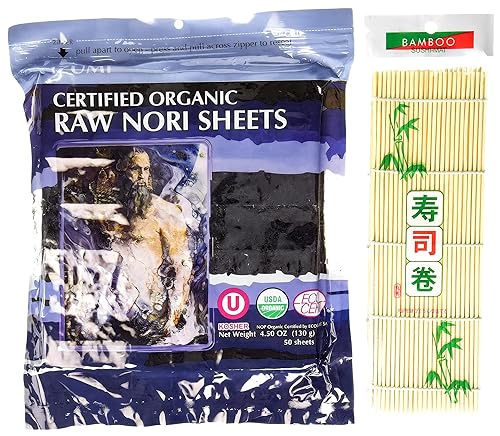 Raw Organic Nori Sheets 50 qty Pack + Free Sushi Roller Mat! - Certified Vegan, Raw, Kosher Sushi Wrap Papers - Premium Unheated, Un Cooked