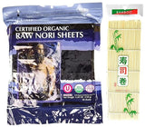 Raw Organic Nori Sheets 50 qty Pack + Free Sushi Roller Mat! - Certified Vegan, Raw, Kosher Sushi Wrap Papers - Premium Unheated, Un Cooked