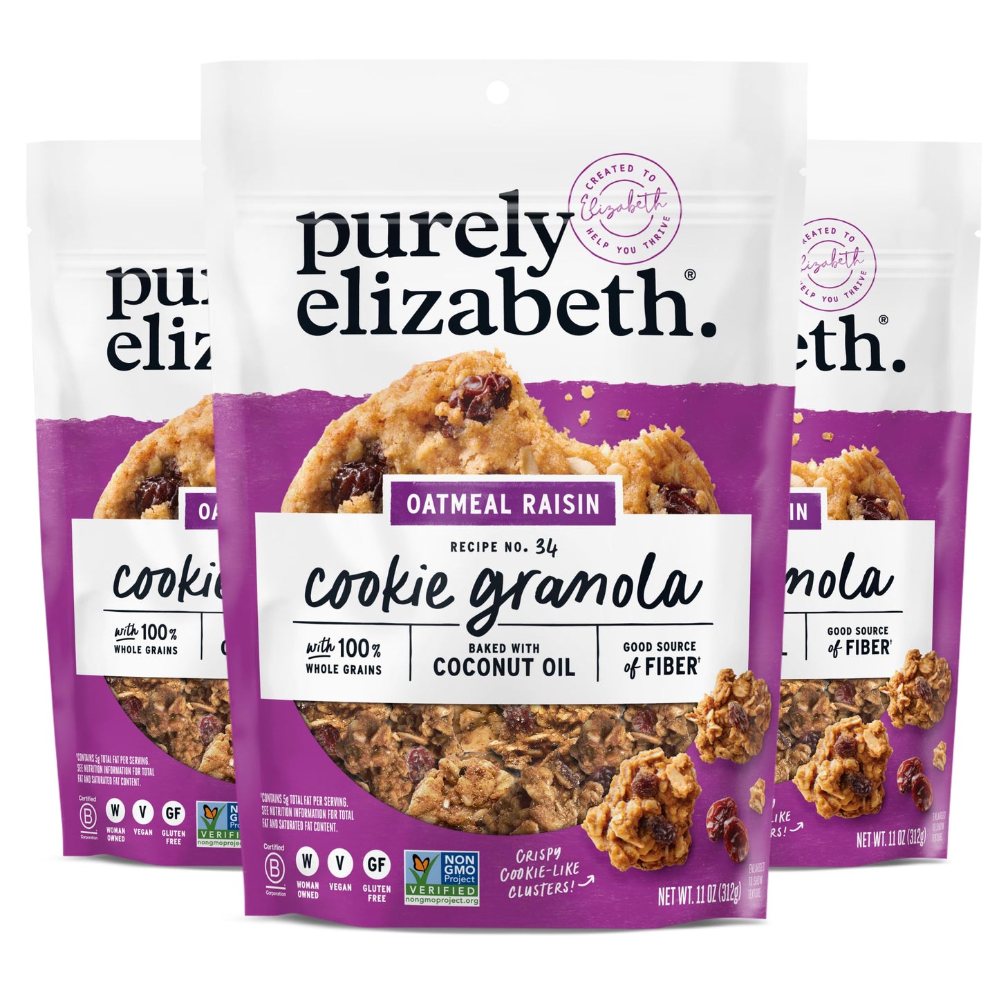 Purely Elizabeth, Cookie Granola, Oatmeal Raisin, 11oz Bag (3 Pack)