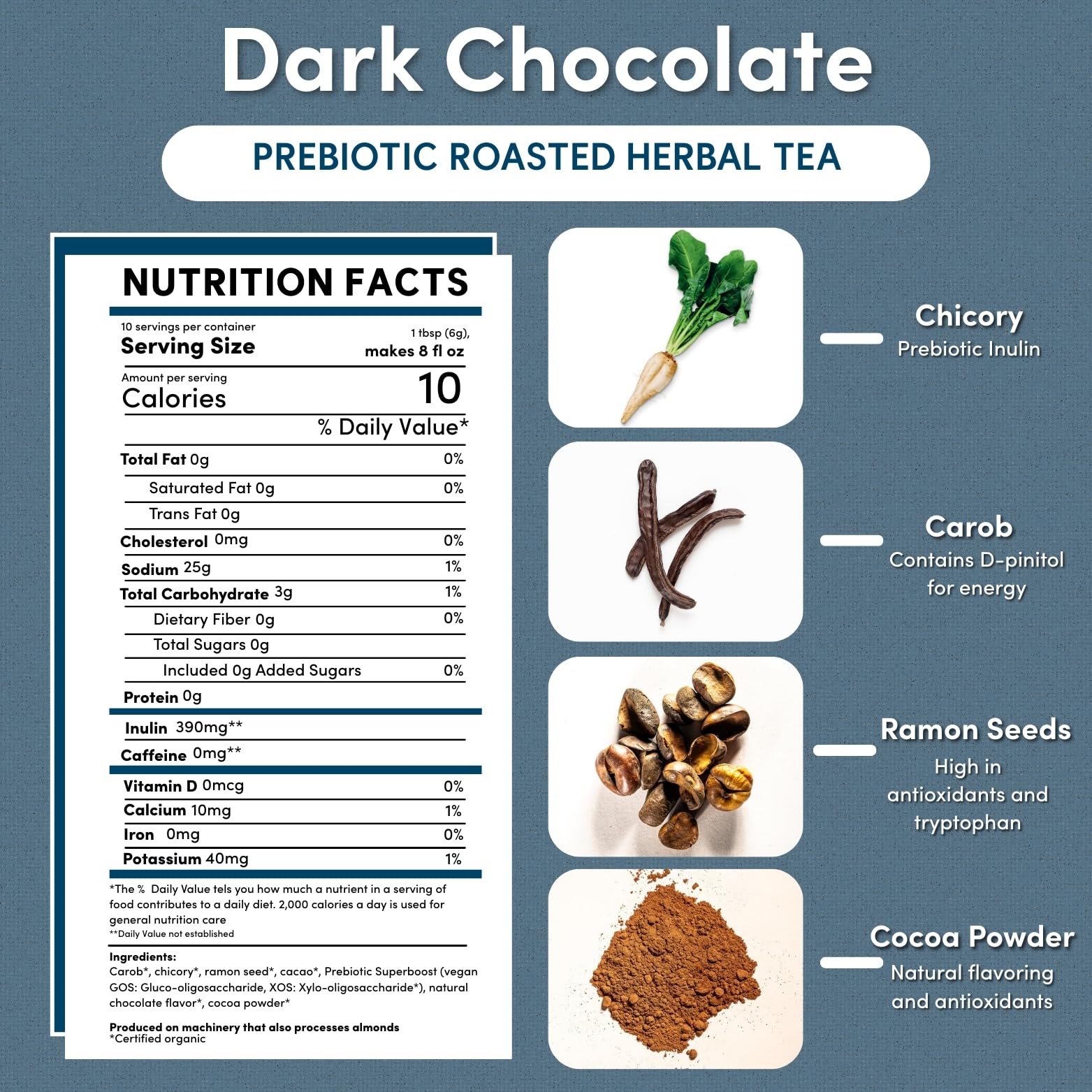 Teeccino Dark Chocolate - Prebiotic SuperBoost™ Herbal Tea - Support Your Probiotics with Prebiotics For Good Gut Health and Regularity, Digestive