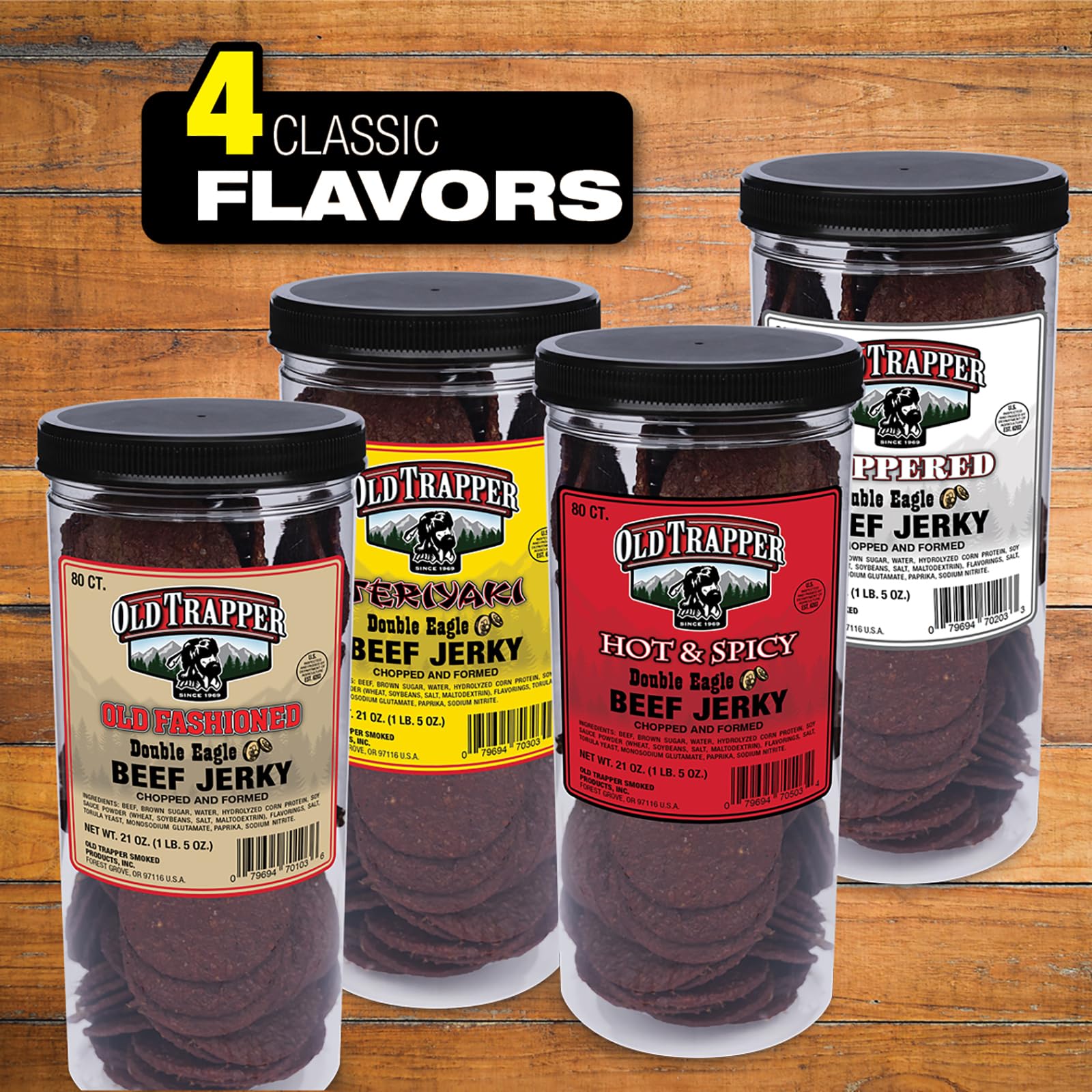 Old Trapper Double Eagle Beef Jerky, Teriyaki Flavor, 21oz. 80-Piece Jar, Natural Wood Smoked Meat Snacks, 10 Grams of Protein and 80 Calories per