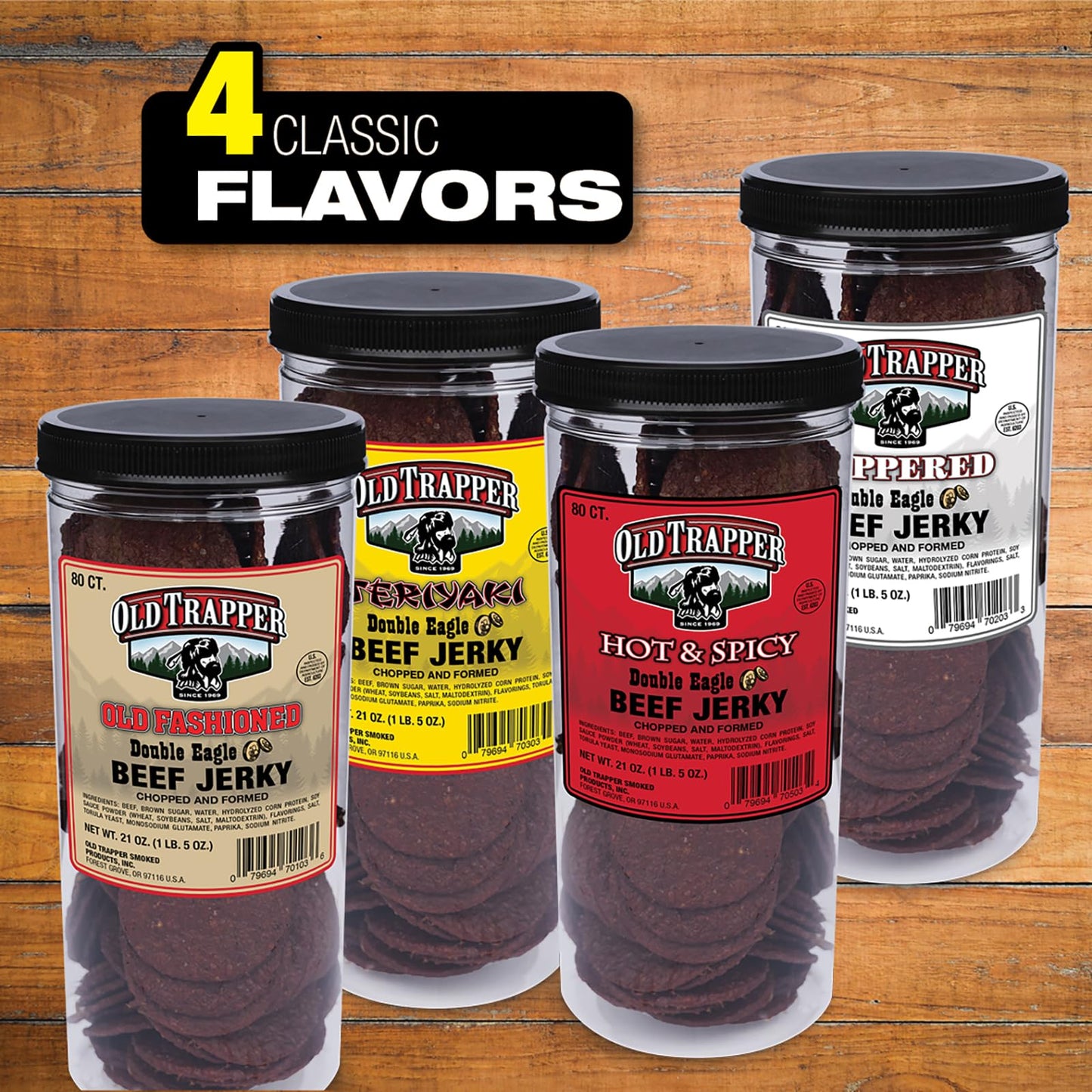 Old Trapper Double Eagle Beef Jerky, Teriyaki Flavor, 21oz. 80-Piece Jar, Natural Wood Smoked Meat Snacks, 10 Grams of Protein and 80 Calories per