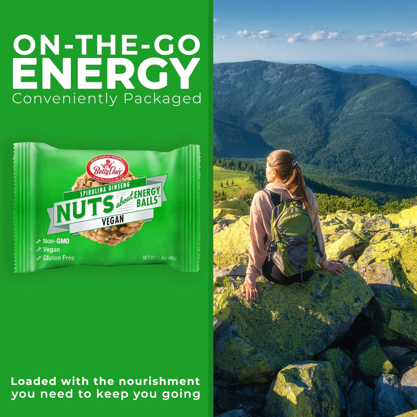 Betty Lou's Spirulina Ginseng Energy Balls, Gluten Free, Non GMO, High Fiber, No Refined Sugar, Healthy Vegan Snacks for Adults and Kids, Individually