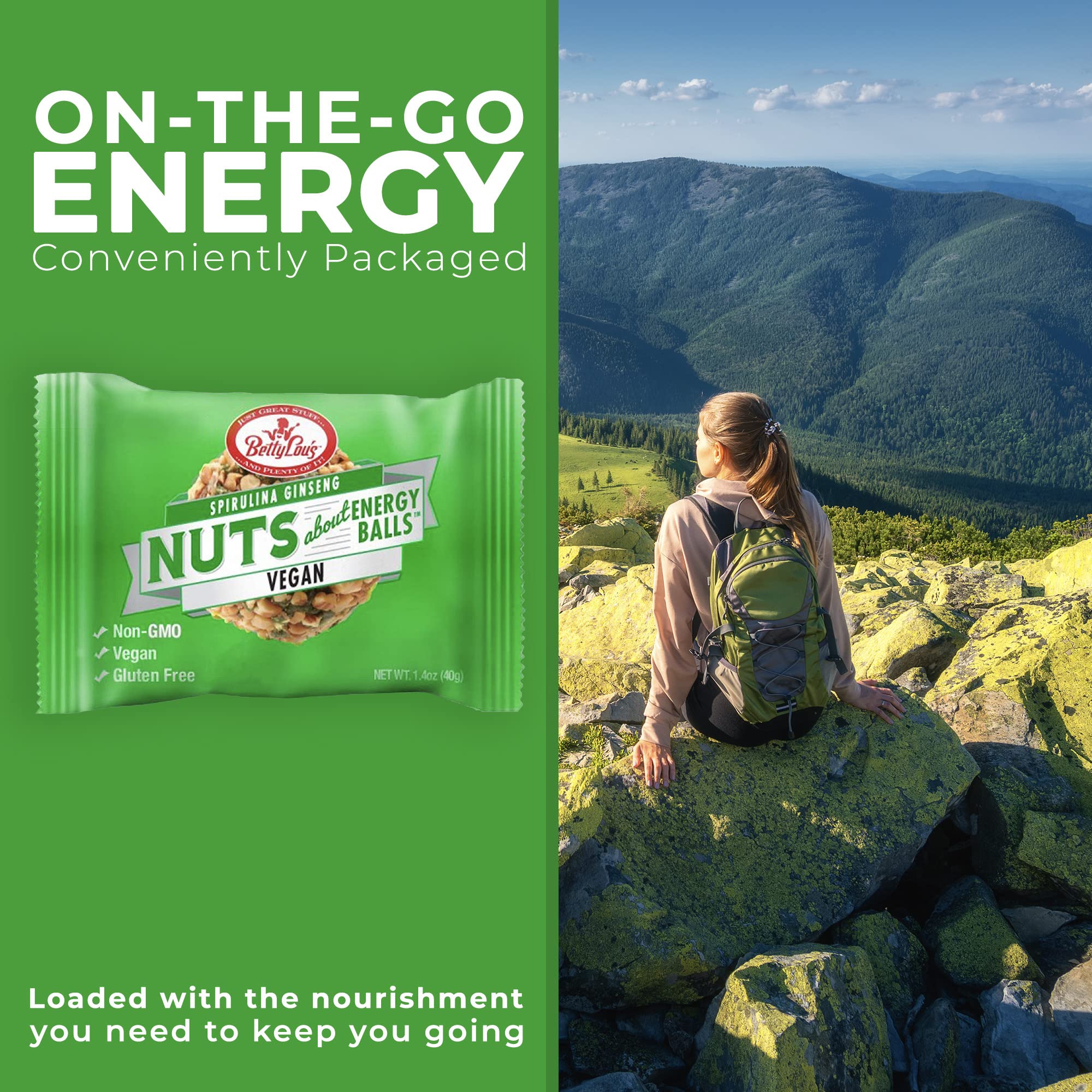 Betty Lou's Spirulina Ginseng Energy Balls, Gluten Free, Non GMO, High Fiber, No Refined Sugar, Healthy Vegan Snacks for Adults and Kids, Individually