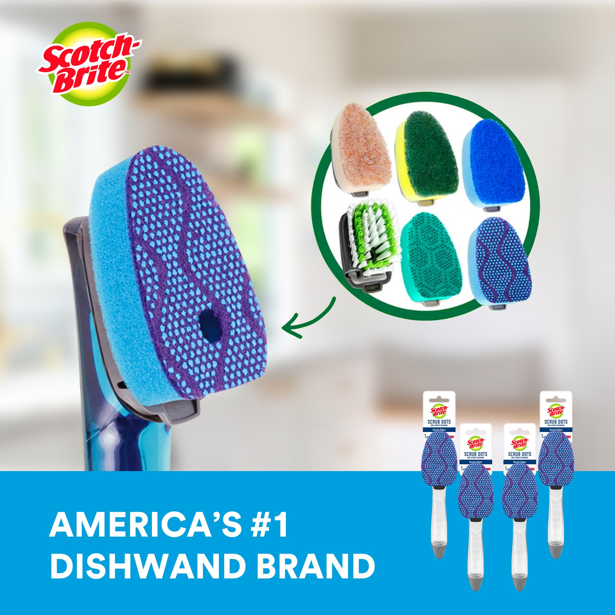 Scotch-Brite Scrub Dots Non-Scratch Dishwand, 4-Pack (4 Dishwands), Soap-Dispensing Kitchen Scrubbers, Fits All Refills