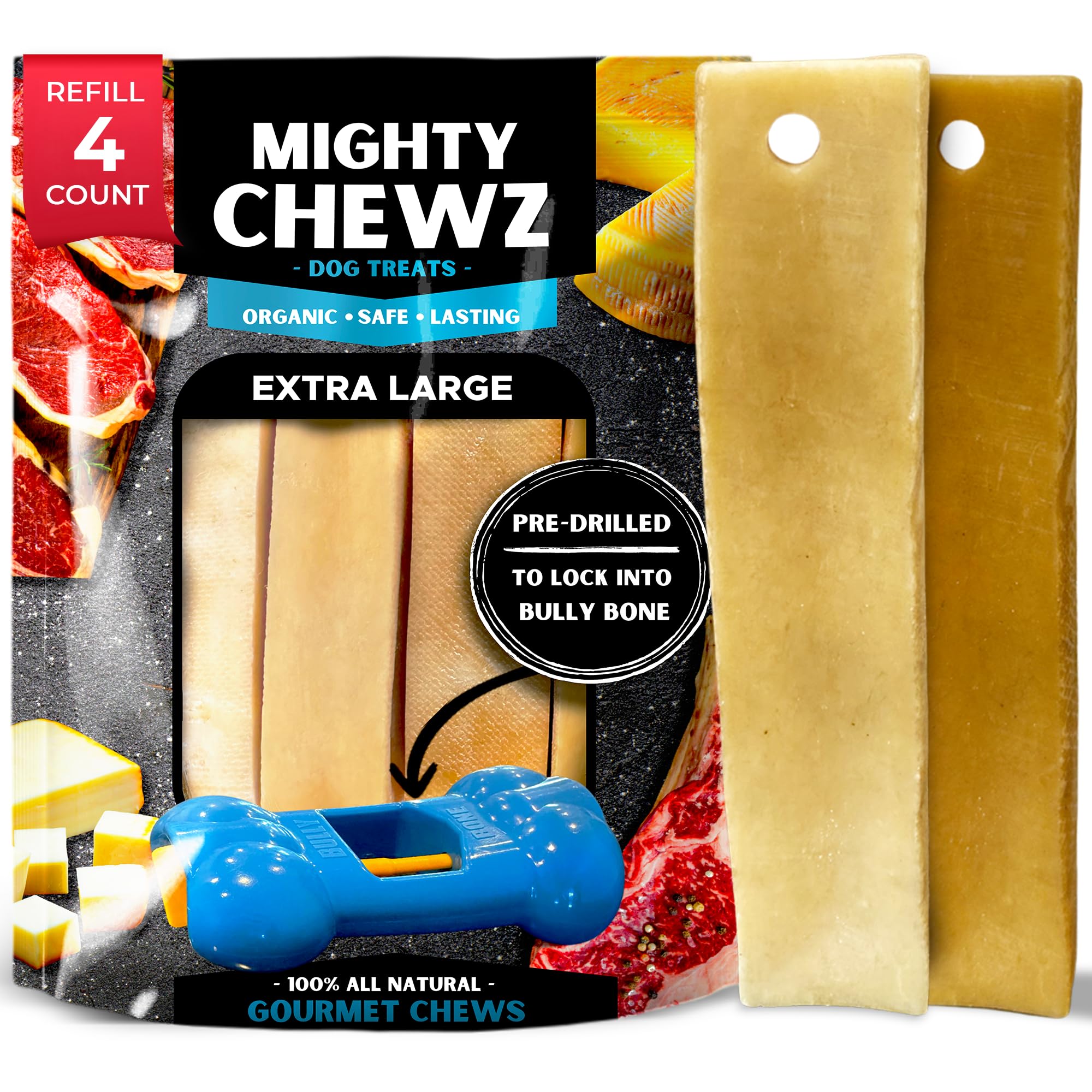 MIGHTY CHEWZ Yak Chew Refill Pack Only, Extra Large (4 Pieces) - Pre-Drilled, Ready to Chew and Designed for Safety