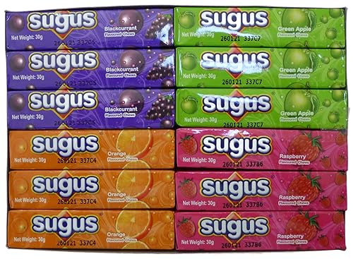 Sugus Chewy Candy Candies Bar Assorted Flavour Green Apple ,Blackcurrant, Orange and Raspberry, (Pack of 12) / 12.72 Ounce