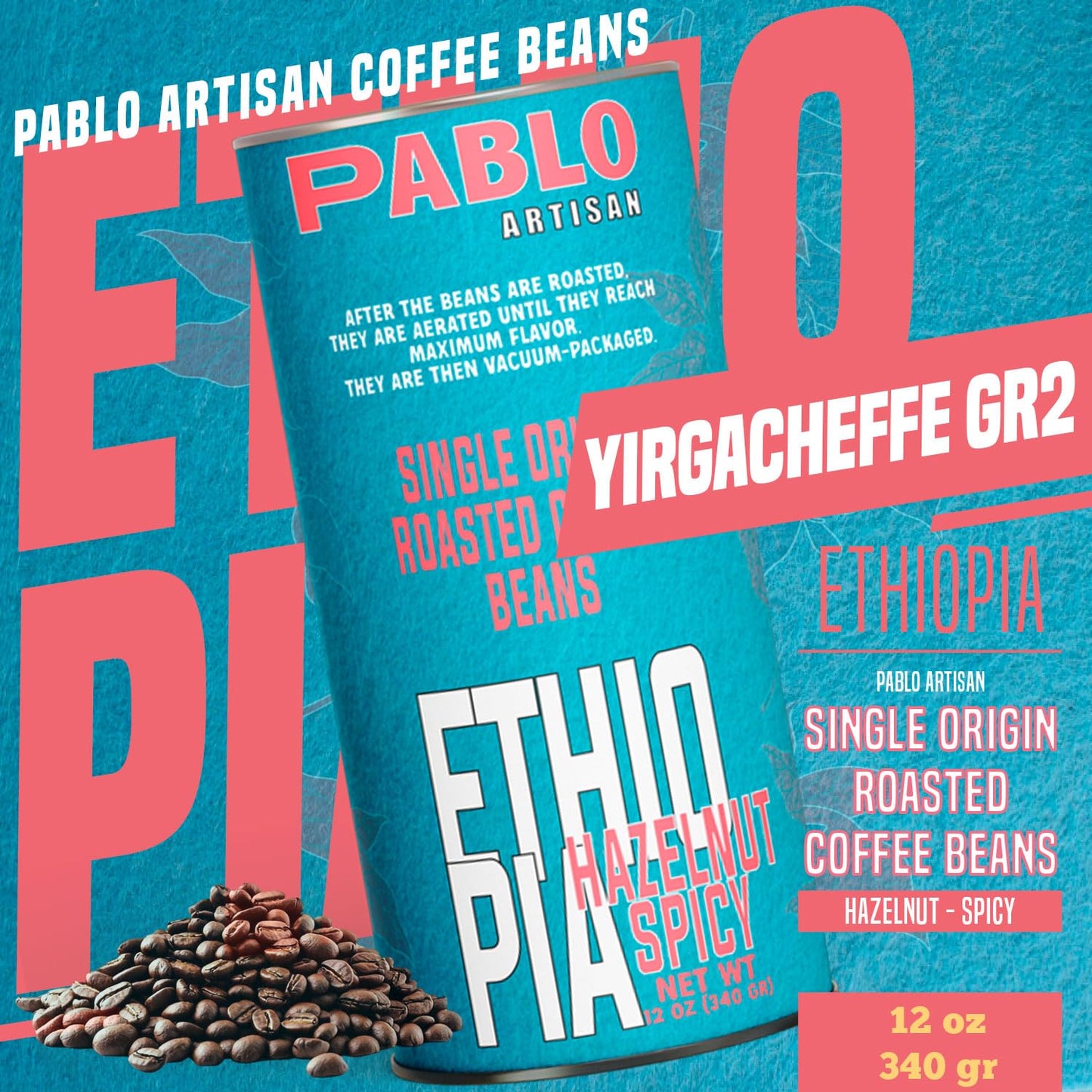 Pablo Artisan Ethiopia Yirgacheffe Grade 2 Single Origin Coffee Beans - Medium Dark Roast Whole Bean Coffee, 100% Arabica Espresso Beans, Notes
