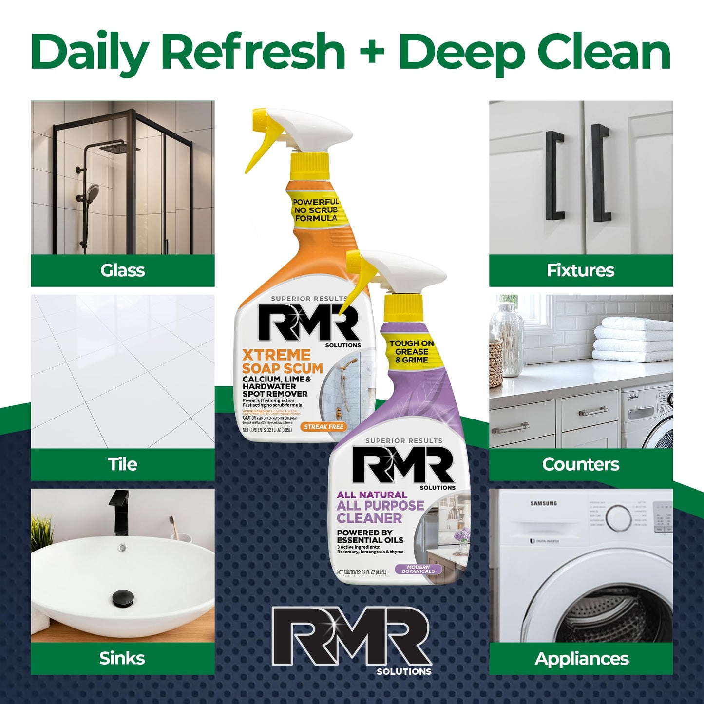 RMR Clean Slate System - Xtreme Soap Scum Remover + All Natural All Purpose Cleaner, 2-Step Bathroom & Household Cleaning Bundle for Shower, Tub