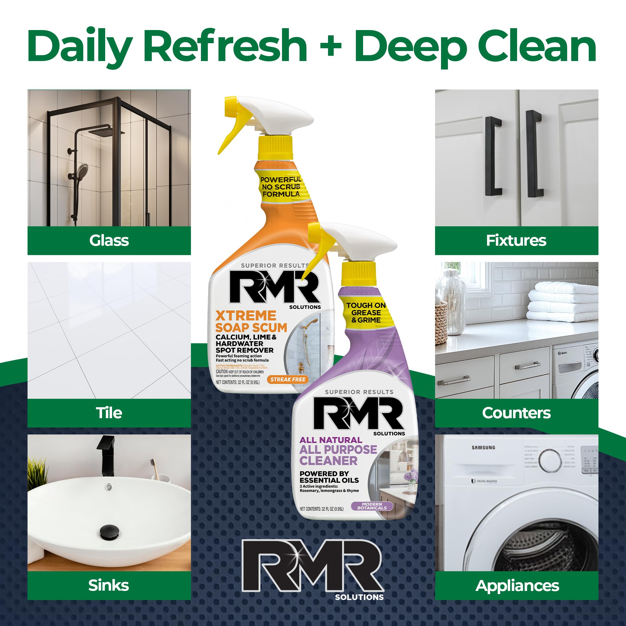 RMR Clean Slate System - Xtreme Soap Scum Remover + All Natural All Purpose Cleaner, 2-Step Bathroom & Household Cleaning Bundle for Shower, Tub