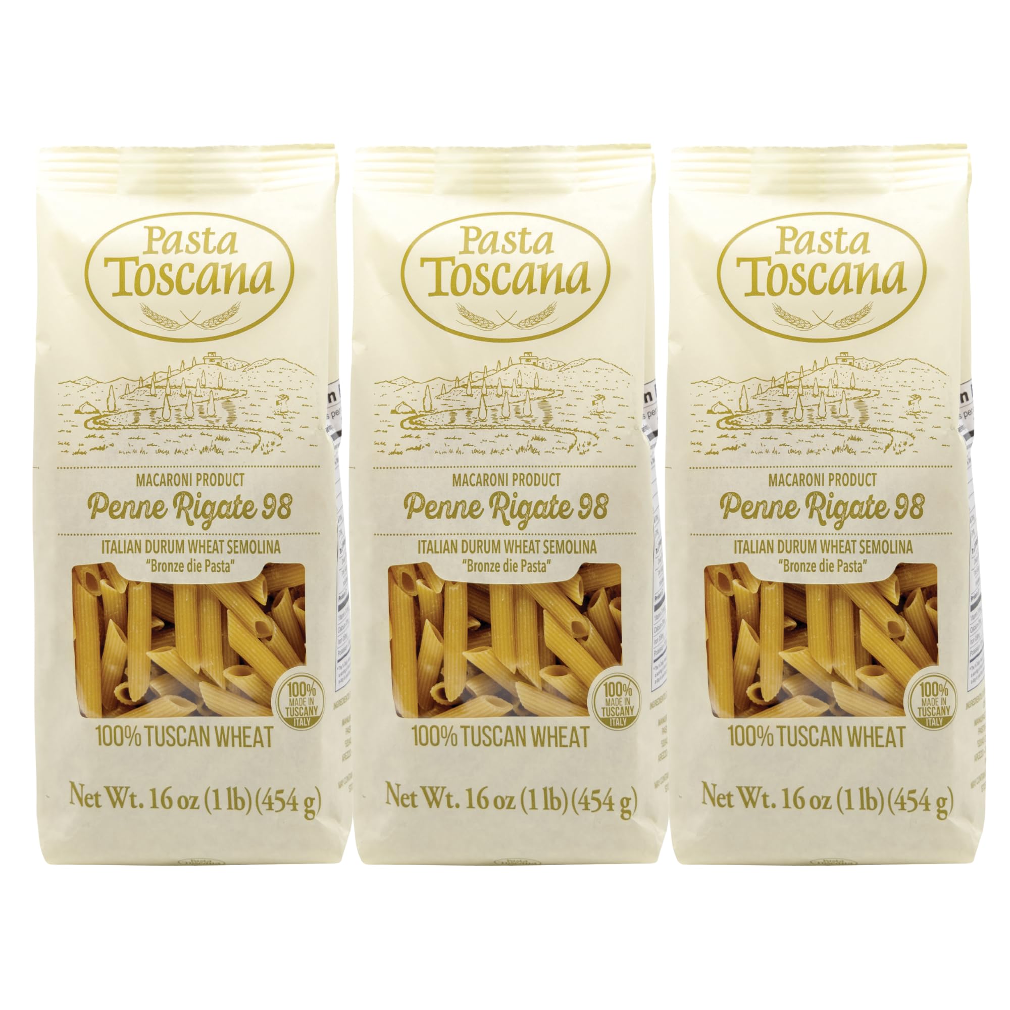 Pasta Toscana | Bronze Die Pasta | Italian Durum Wheat Semolina | Bronze die Pasta, 16 oz (Pack of 3, Penne Rigate)