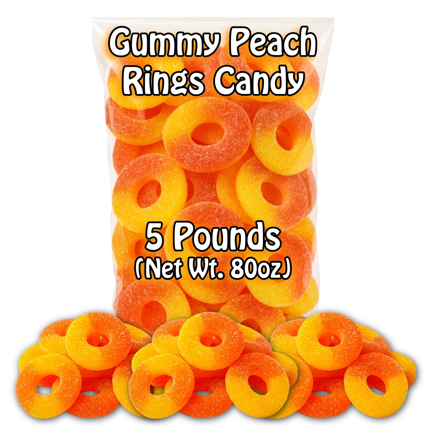 Peach Rings Gummy Candy (5 Pound Bag) 80oz. Bulk Chewy Authentic Taste Gourmet Candies