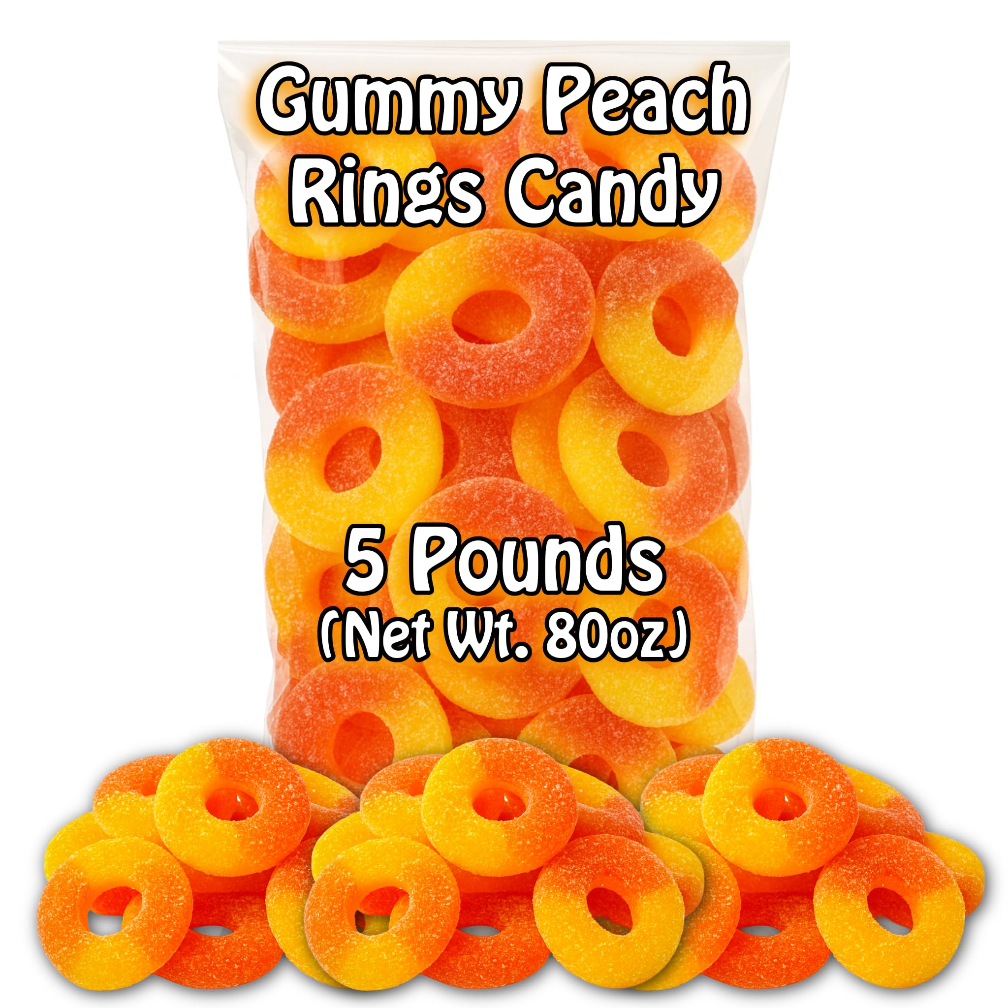Peach Rings Gummy Candy (5 Pound Bag) 80oz. Bulk Chewy Authentic Taste Gourmet Candies